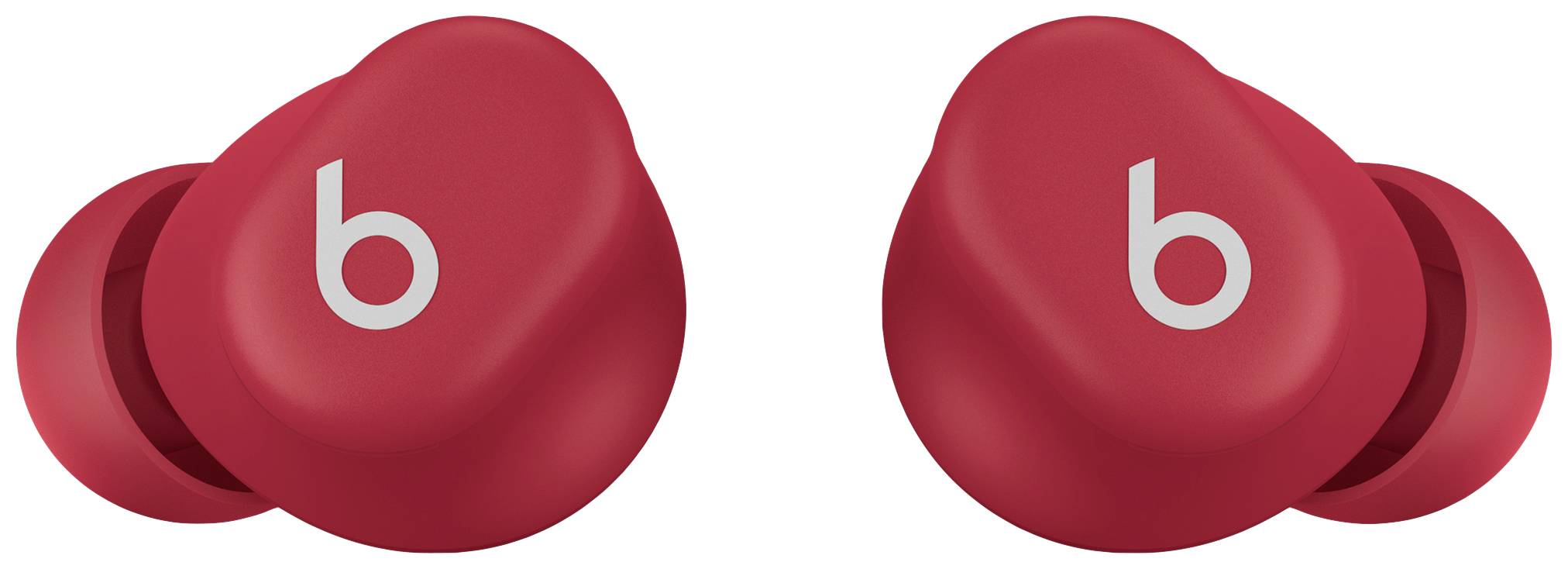 Rote kabellose Ohrhörer mit einem 'b' auf der Außenseite, eine Ohrhörer-Paaranordnung.