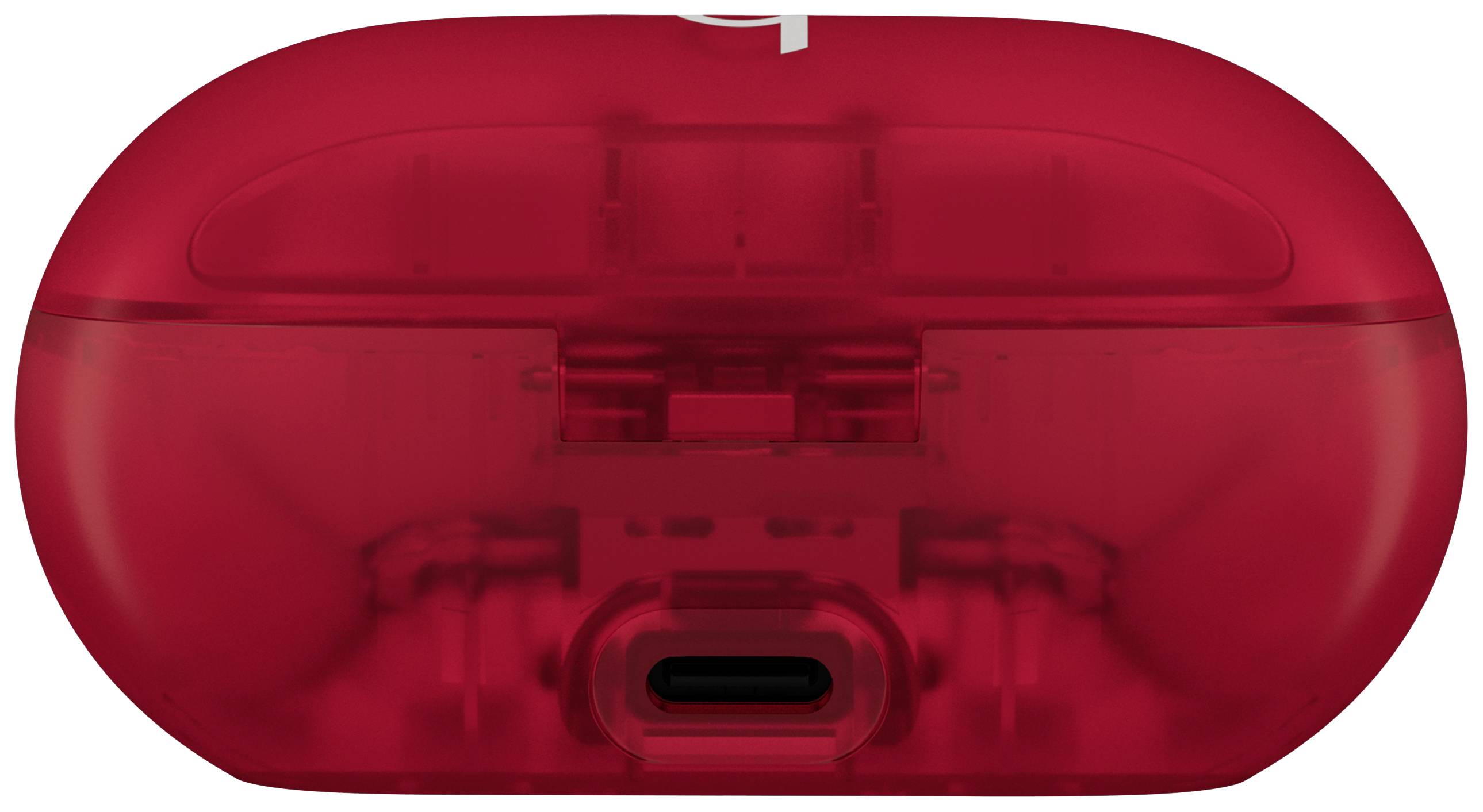 Rote, ovale Hülle mit einem Ladestecker an der Unterseite, vermutlich für kabellose Ohrhörer.