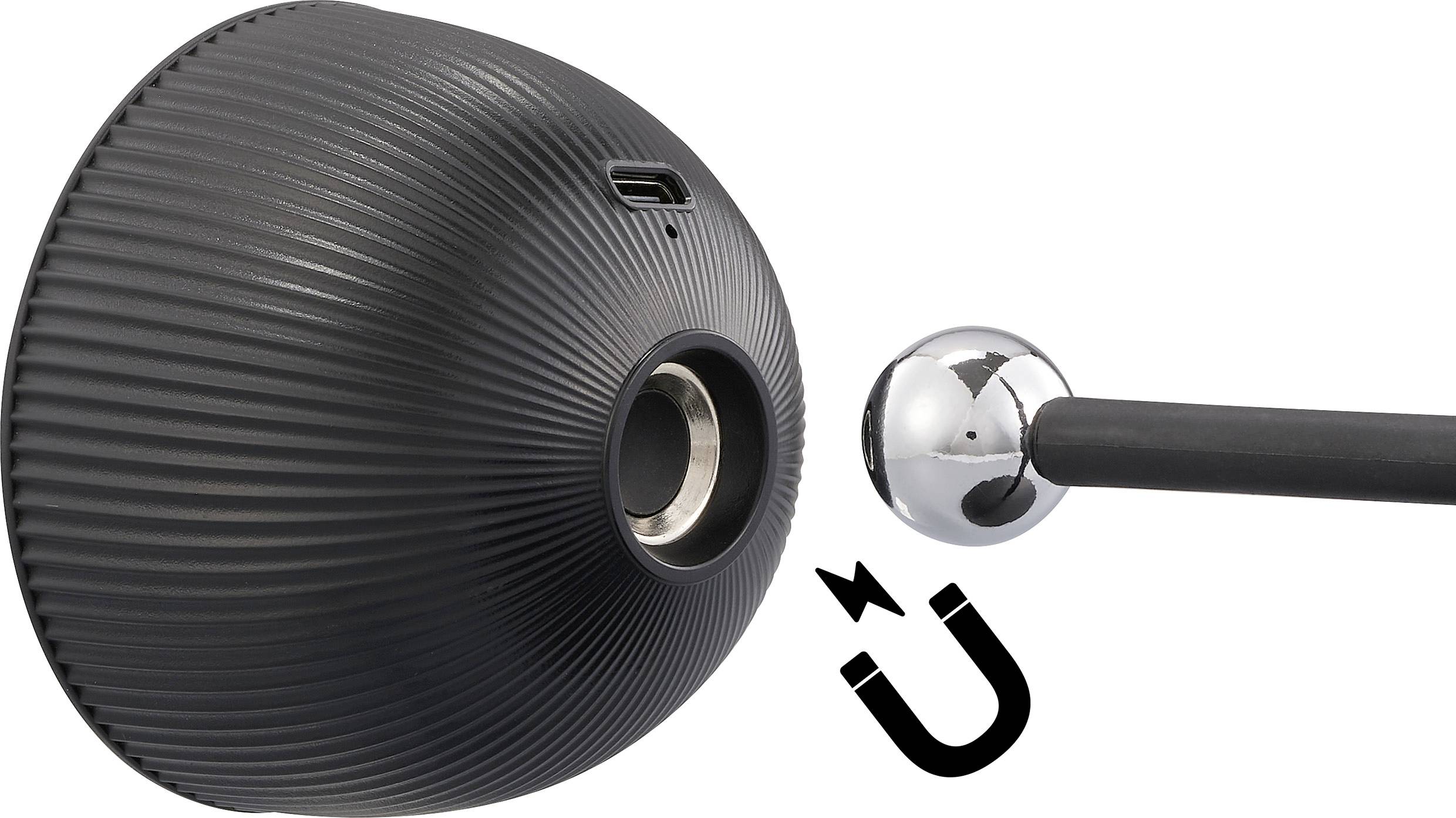 Schwarzes, kugelförmiges Gerät mit magnetischem Anschluss, daneben eine metallische Kugel an einem Stab. Magnet-Symbol zeigt Verbindung.