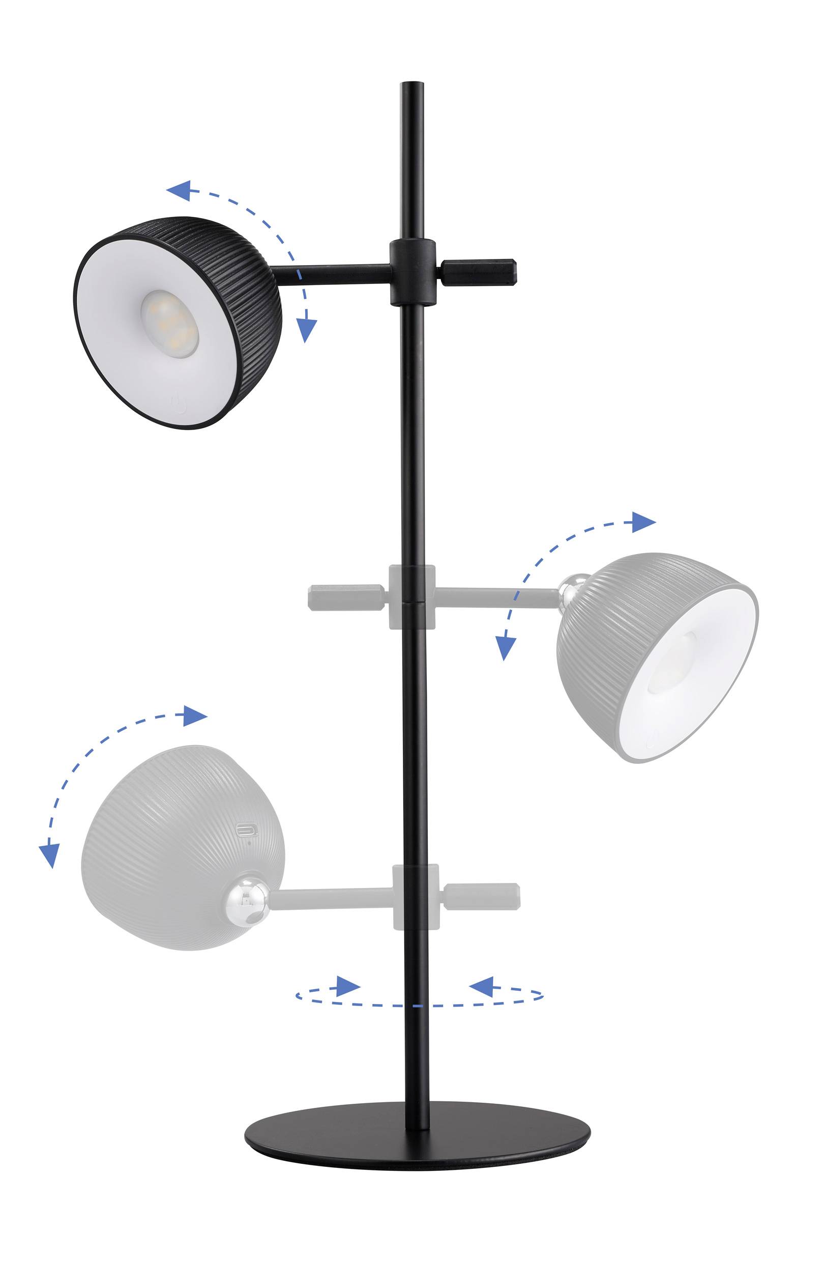 Stehlampe mit verstellbarem Lampenkopf. Der Kopf kann nach oben und unten geneigt werden.