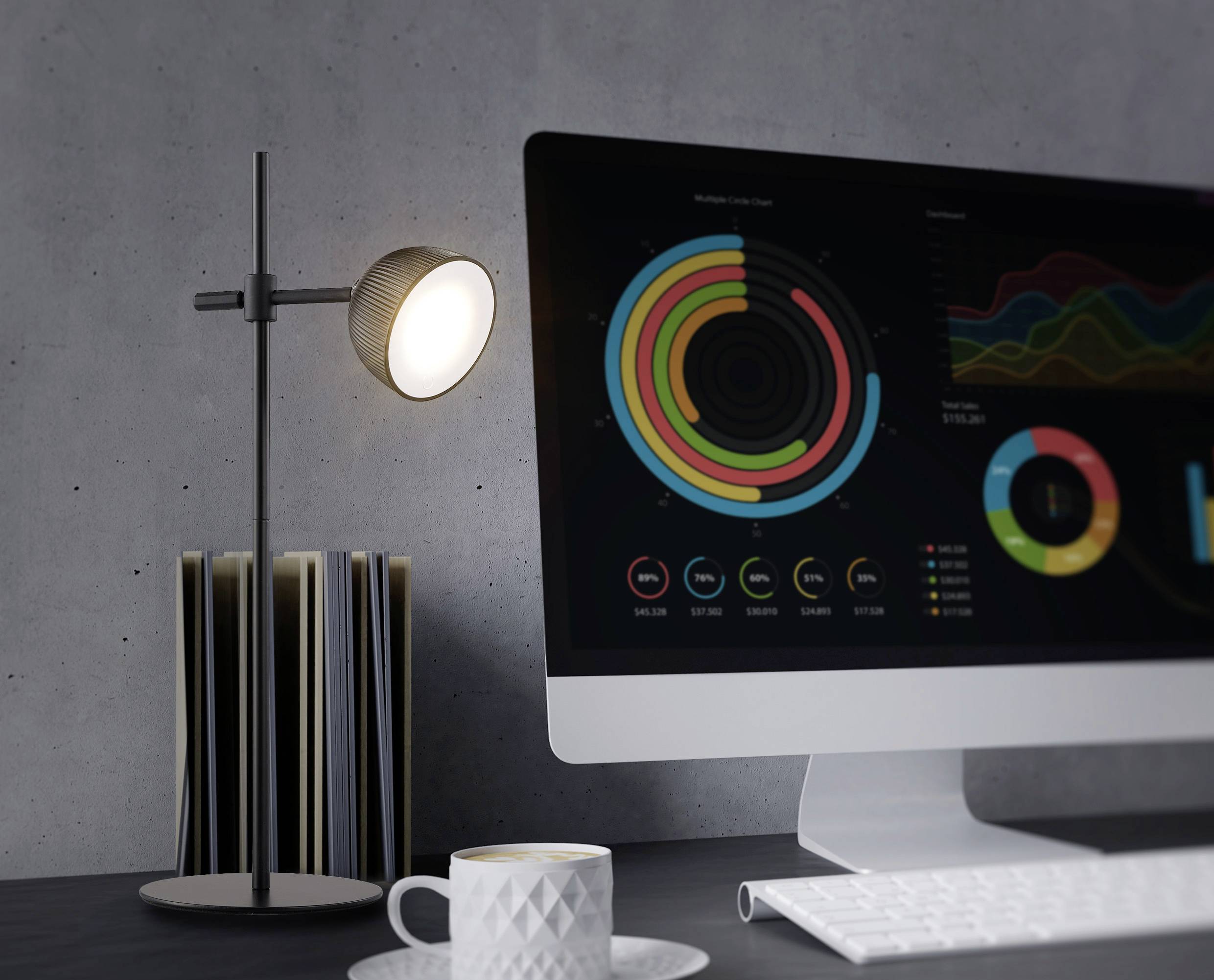 Ein Computerbildschirm zeigt bunte Kreis- und Liniendiagramme. Eine Lampe leuchtet daneben, ein Kaffeebecher steht auf dem Tisch.