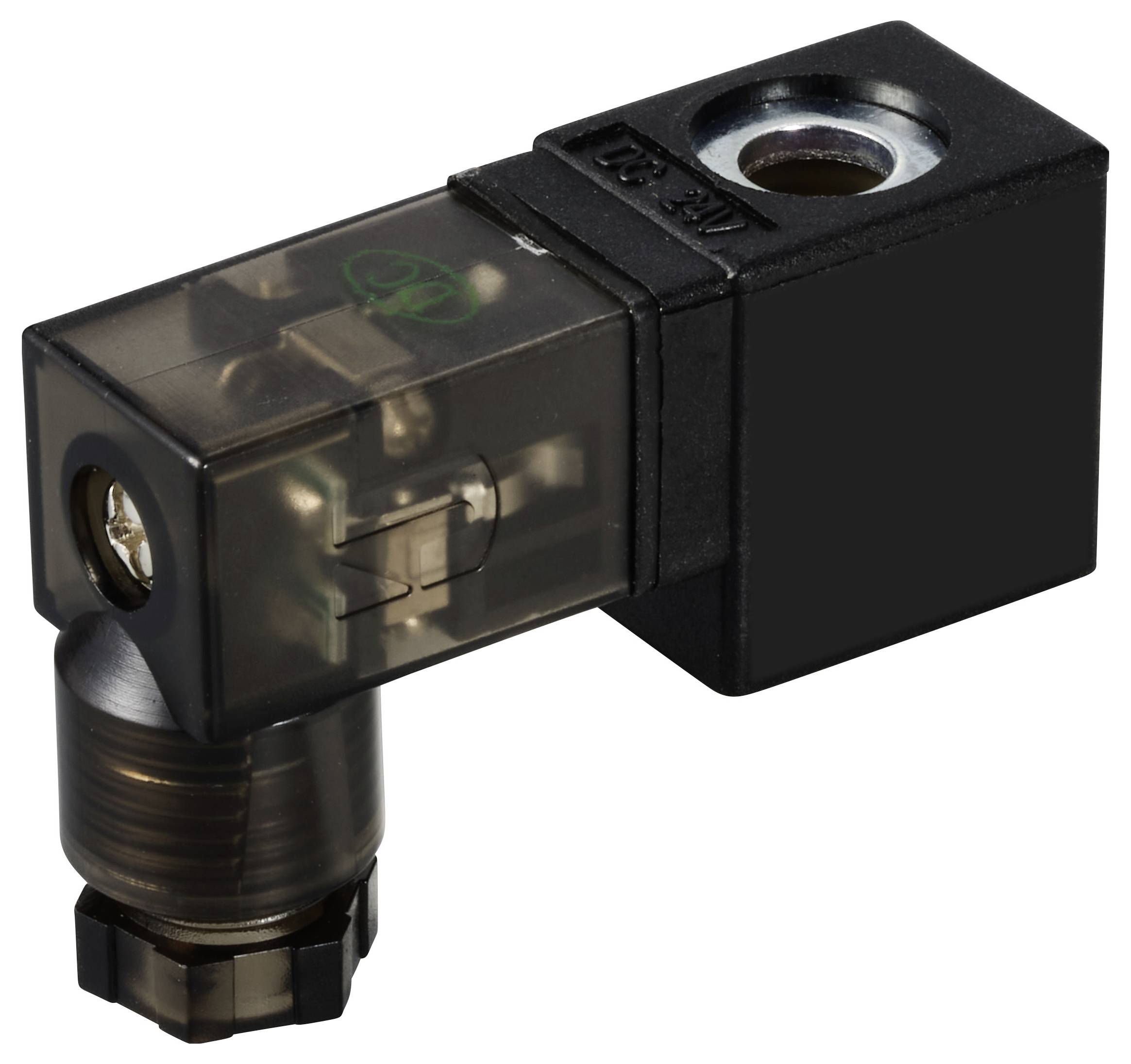 Ein schwarzes 2/2-Wege-Magnetventil mit transparenter Kappe, geeignet für Anwendungen in der Automatisierung und Fluidtechnik.