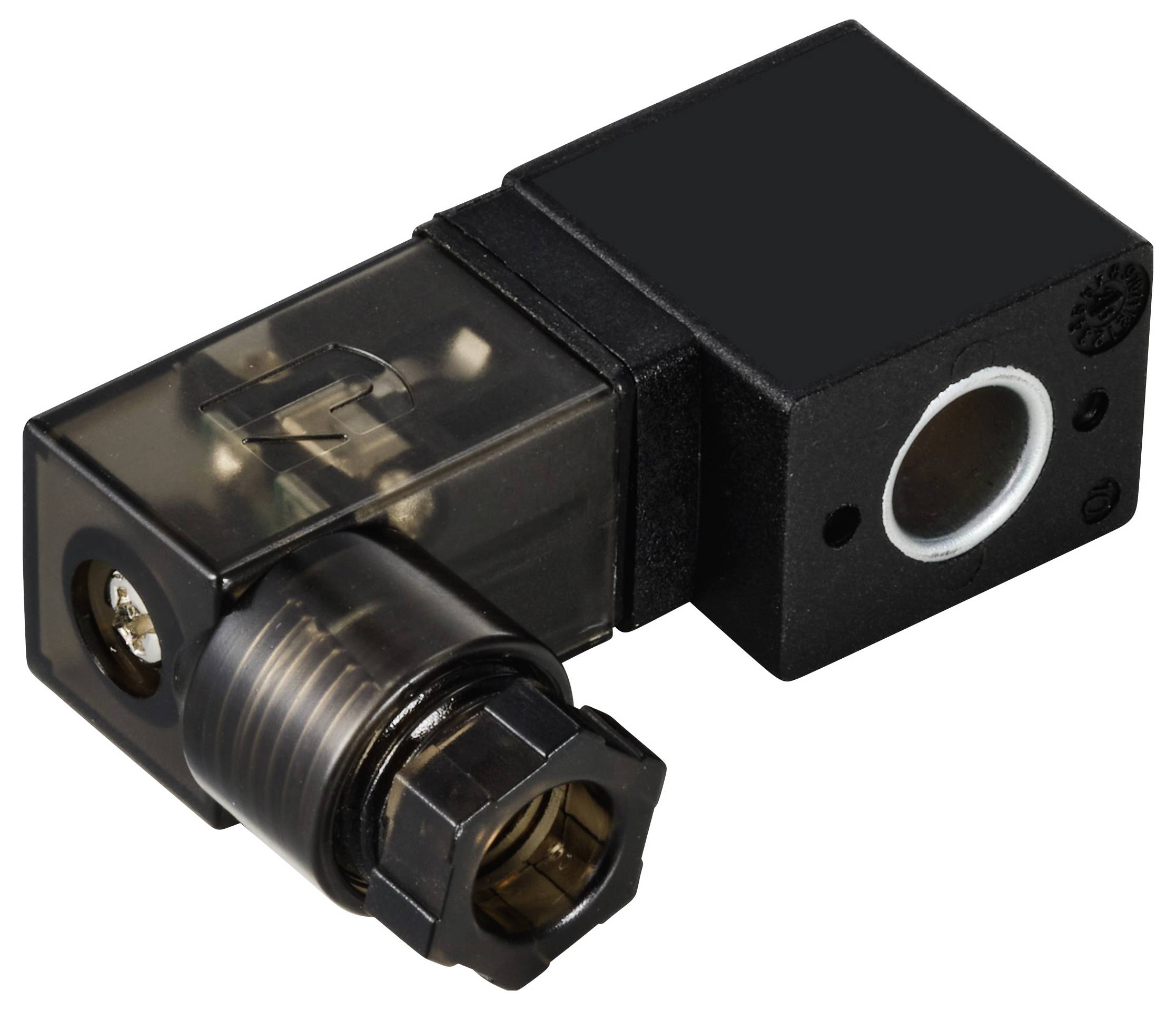 Ein schwarzes elektromagnetisches Ventil mit transparentem Gehäuse, das mechanische Teile zeigt. Es wird in hydraulischen Systemen verwendet.