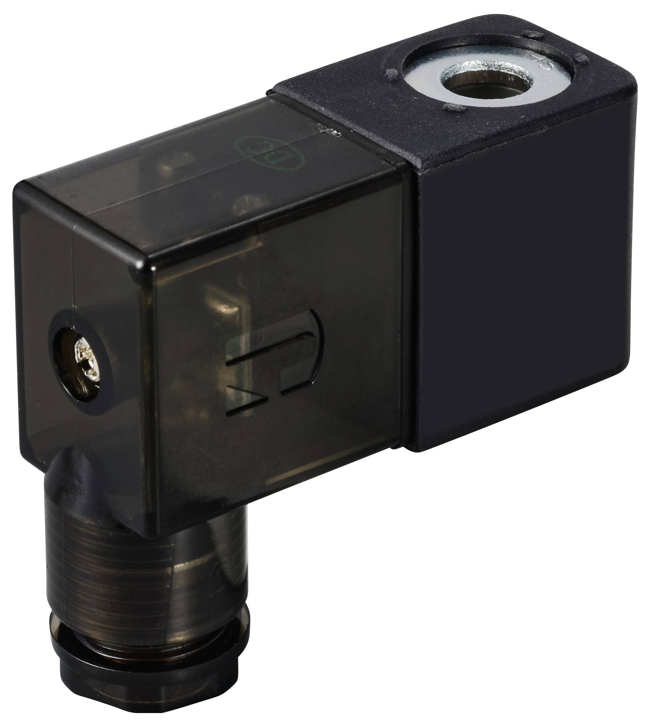 Ventilspule in rechteckiger Form, schwarz mit transparentem Gehäuseteil, Metallgewinde unten, geeignet für industrielle Anwendungen.