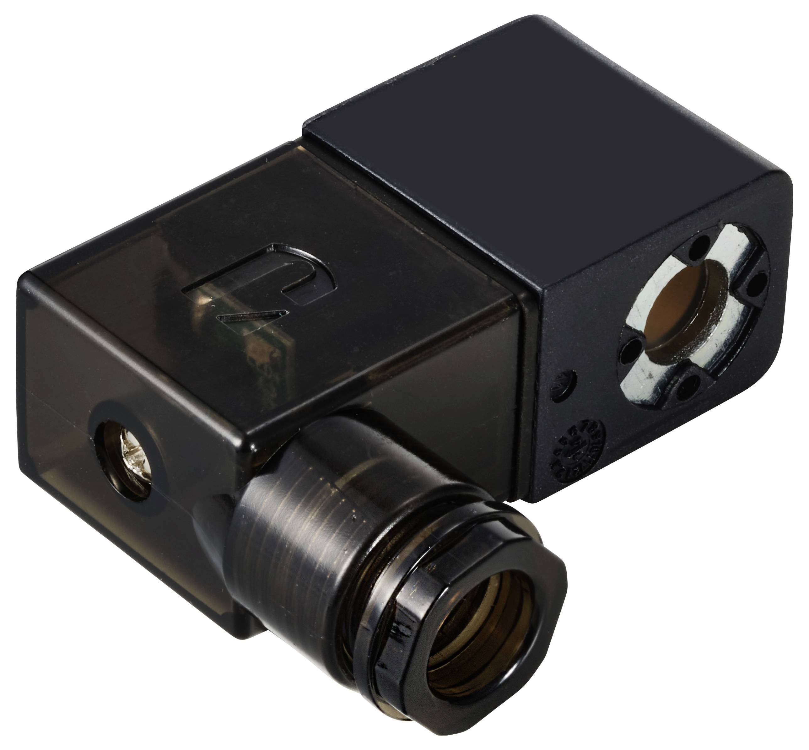 Ein schwarzer, rechteckiger Magnetschalter mit Metallanschlüssen und Zylinderaufnahme, verwendet in elektrischen Steuerungssystemen.