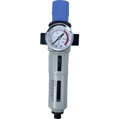 Luftdruckregler mit einem Zifferblatt, das von 0 bis 230 psi anzeigt, und einem blauen Drehknopf zur Druckeinstellung.