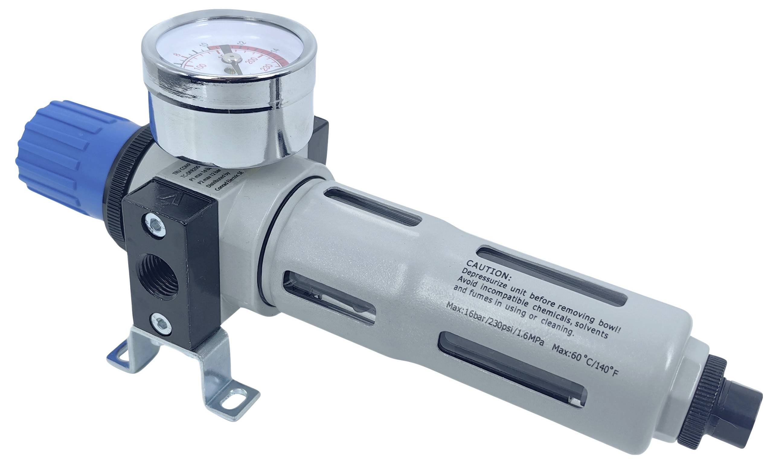 Druckregler mit Manometer, blauem Drehknopf und grauem Gehäuse. Montierbarer Halter und Warnhinweis auf dem Gehäuse.