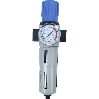 Druckregler mit Manometer zeigt Druck in psi und bar, blauer Drehknopf zur Einstellung, silberner Korpus, hauptsächlich industriell genutzt.