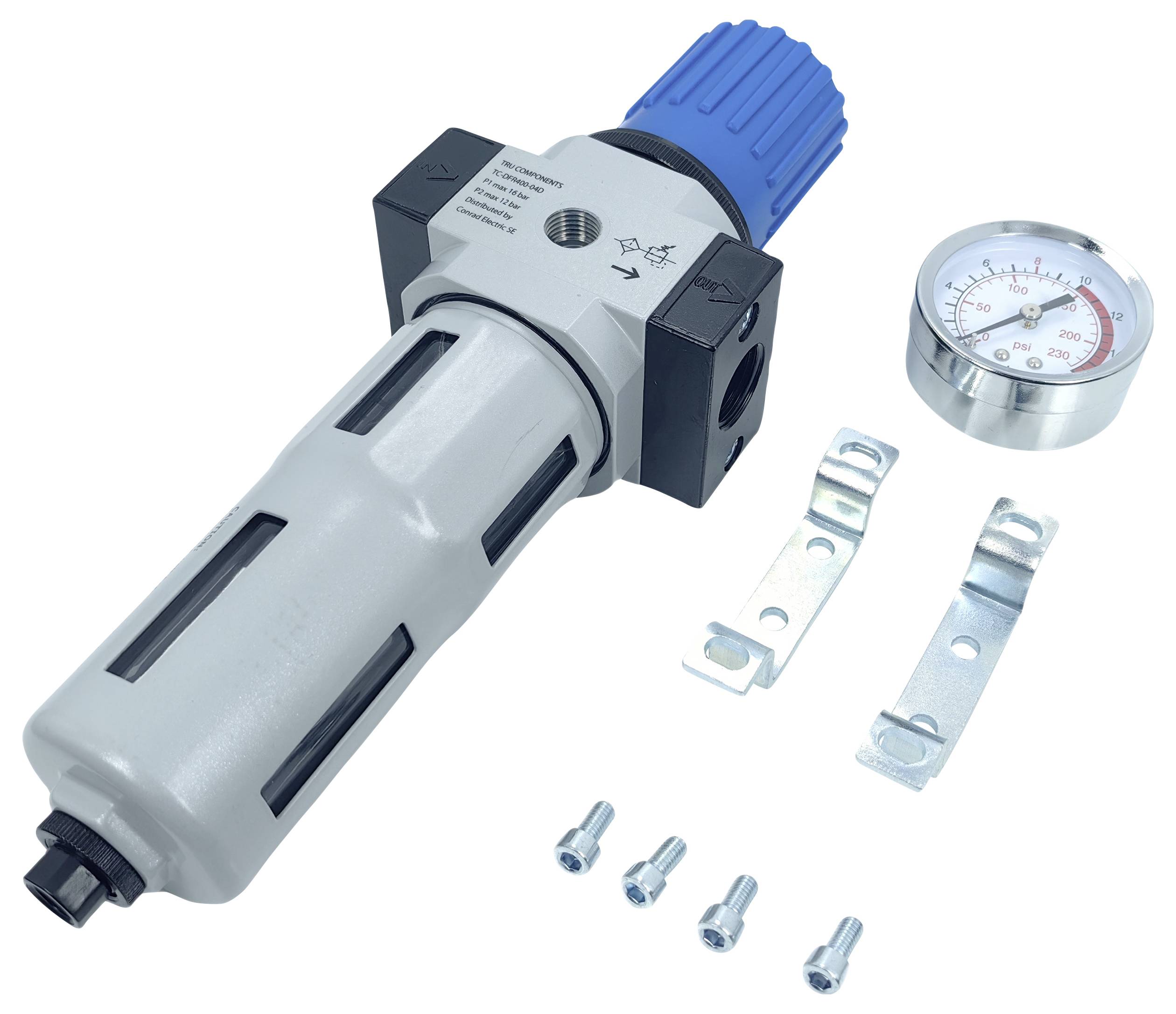 Druckregler-Set bestehend aus einem Regler mit Manometer, Befestigungszubehör und Schrauben, dient zur Regulierung von Luftdruck.