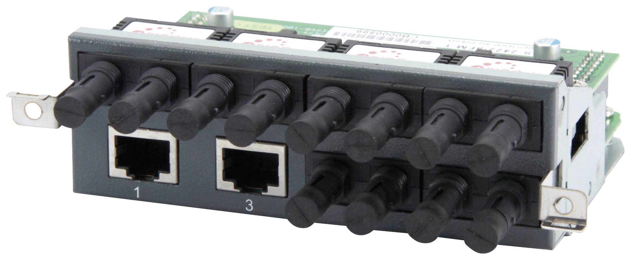 'Netzwerk-Switch-Modul mit acht Ports und zwei Ethernet-Anschlüssen, nummeriert 1 und 3, auf grünem Schaltbrett montiert.'