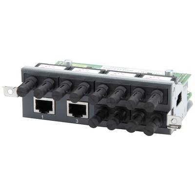 'Netzwerk-Switch-Modul mit acht Ports und zwei Ethernet-Anschlüssen, nummeriert 1 und 3, auf grünem Schaltbrett montiert.'