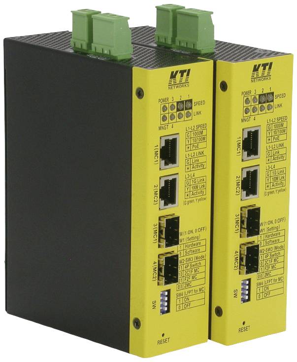 Zwei gelbe Netzwerkgeräte mit mehreren Ethernet-Ports, Leistungsanzeige-LEDs und Reset-Tasten, geeignet für industrielle Anwendungen.