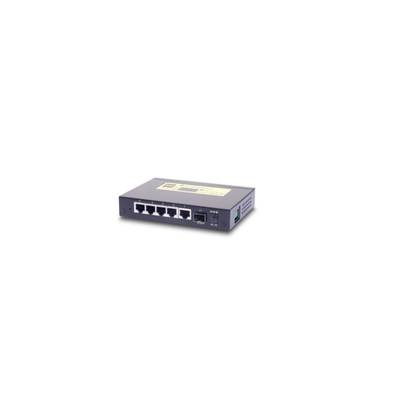 Ein kleiner Ethernet-Switch mit fünf Netzwerkkabelanschlüssen, geeignet für die Verbindung mehrerer Geräte in einem lokalen Netzwerk.