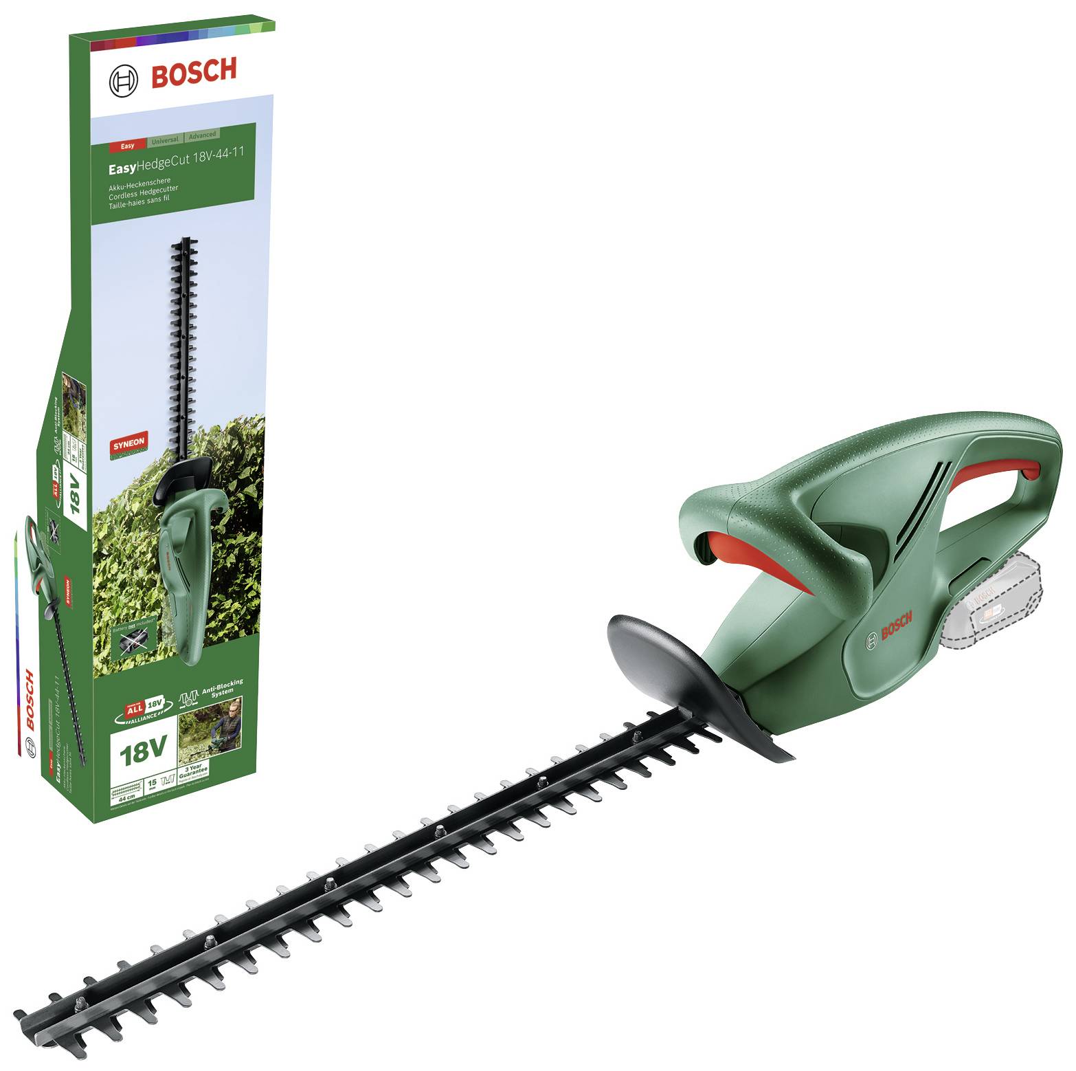 Ein Bosch Akku-Heckenschneider 'EasyHedgeCut 18-45' in Grün, abgebildet mit Verpackung. Schneidt Sträucher effizient. 18V Akku.