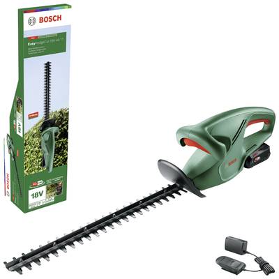 'Bosch Akku-Heckenschere EasyHedgeCut 18-45' abgebildet mit Verpackung. 18V Akku, geeignet zum Schneiden von Hecken.