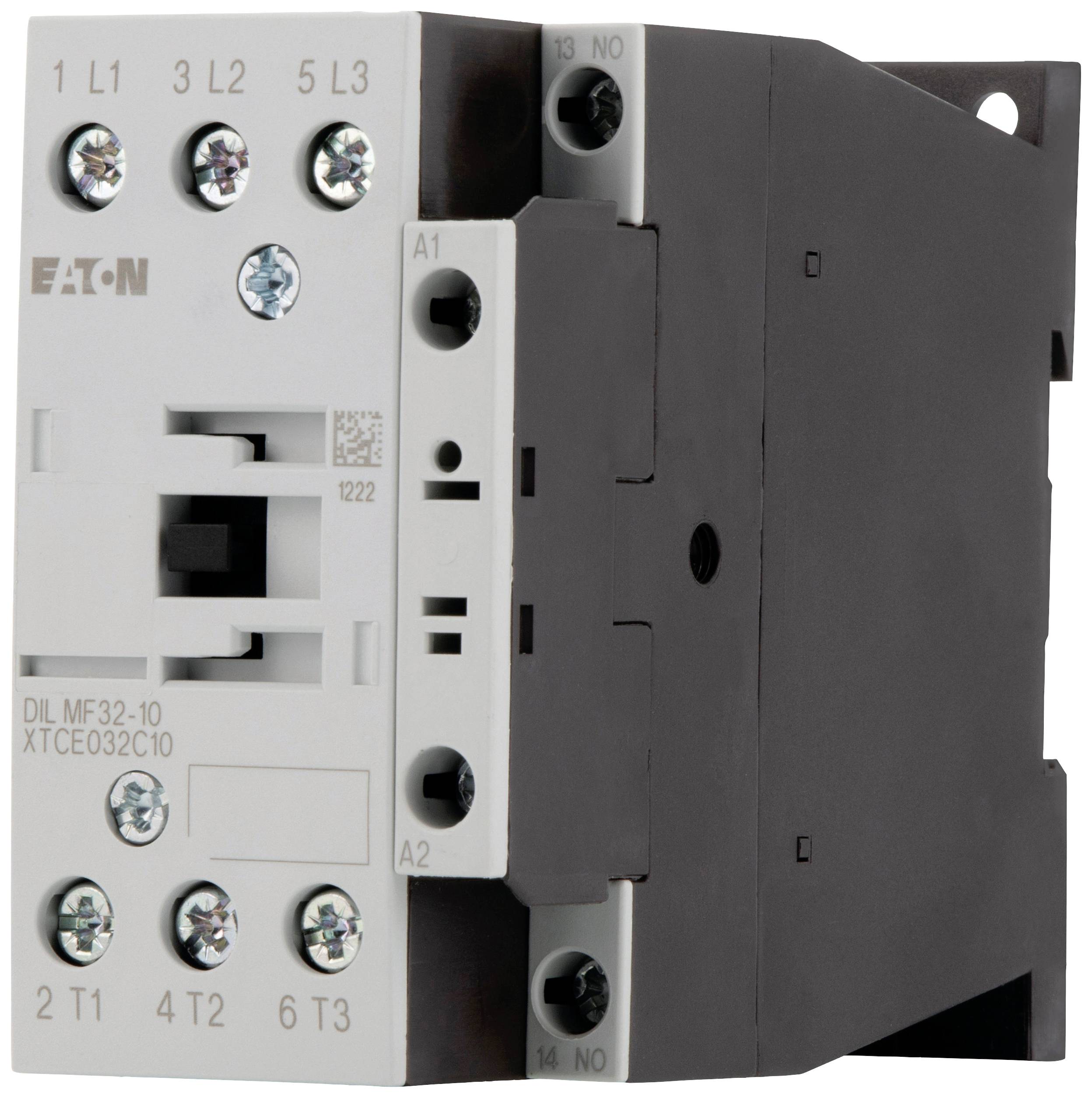 Ein schwarzer und grauer Schaltschütz von Eaton mit mehreren Anschlussklemmen, Modellnummer sichtbar. Hauptsächlich elektrotechnisches Bauteil.
