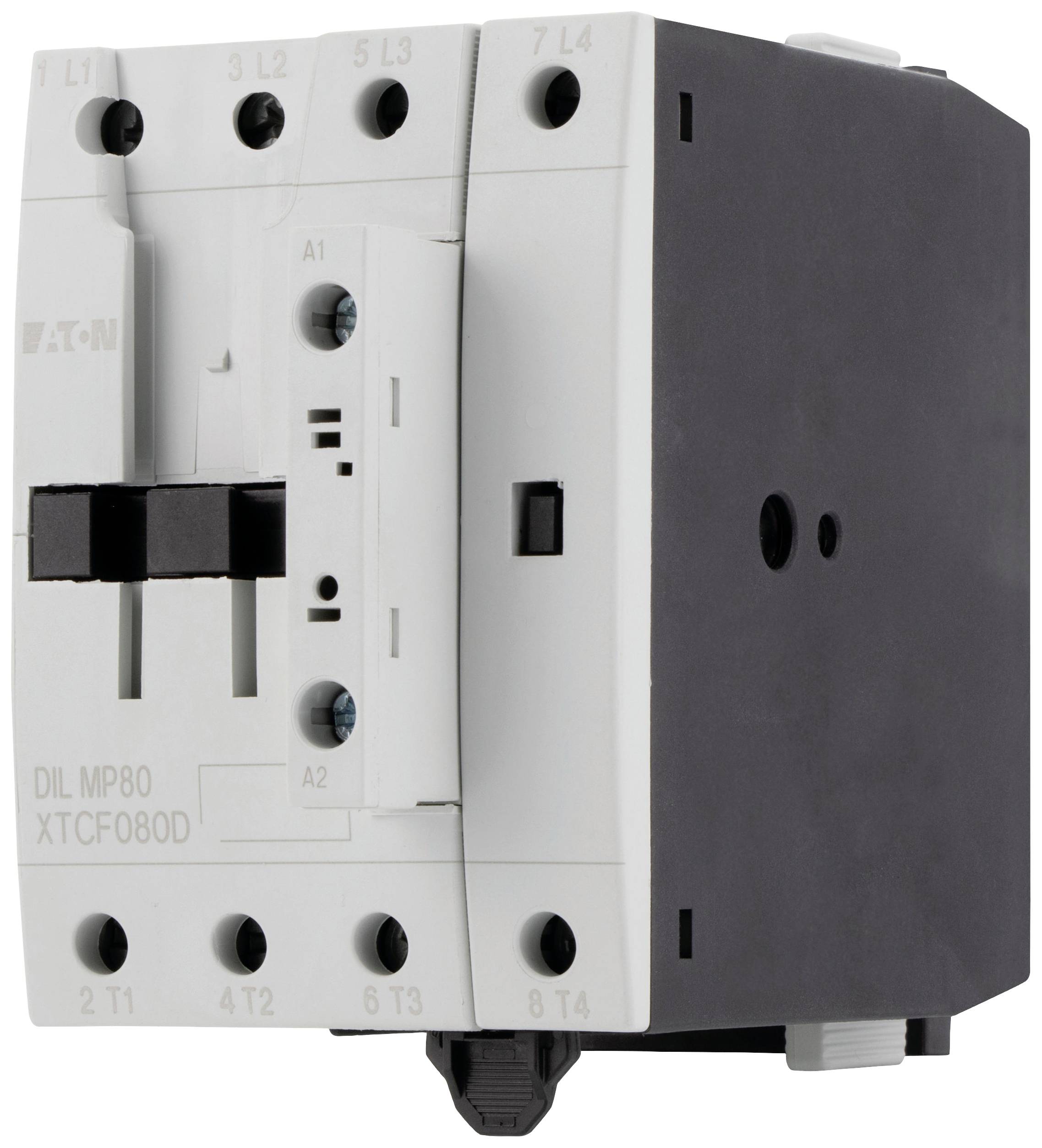 Das Bild zeigt ein elektrisches Schütz der Marke Eaton, Modell DIL MP80, zur Steuerung von Maschinen oder Anlagen mit Typenschild XTCF080D.