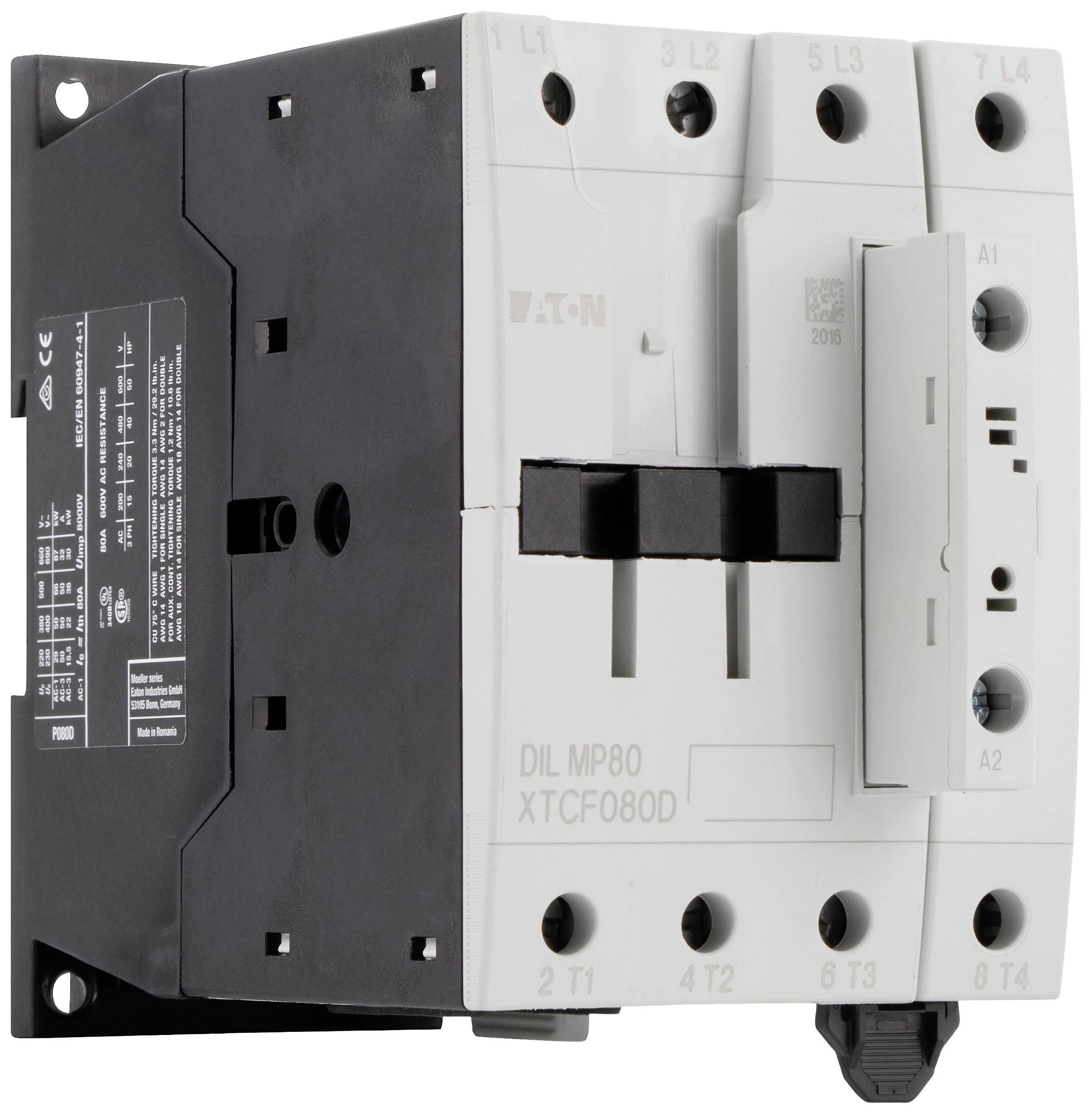 Leistungsschalter in schwarz-weiß mit mehreren Anschlussklemmen und Beschriftung 'DIL MP80 XTCF080D'.