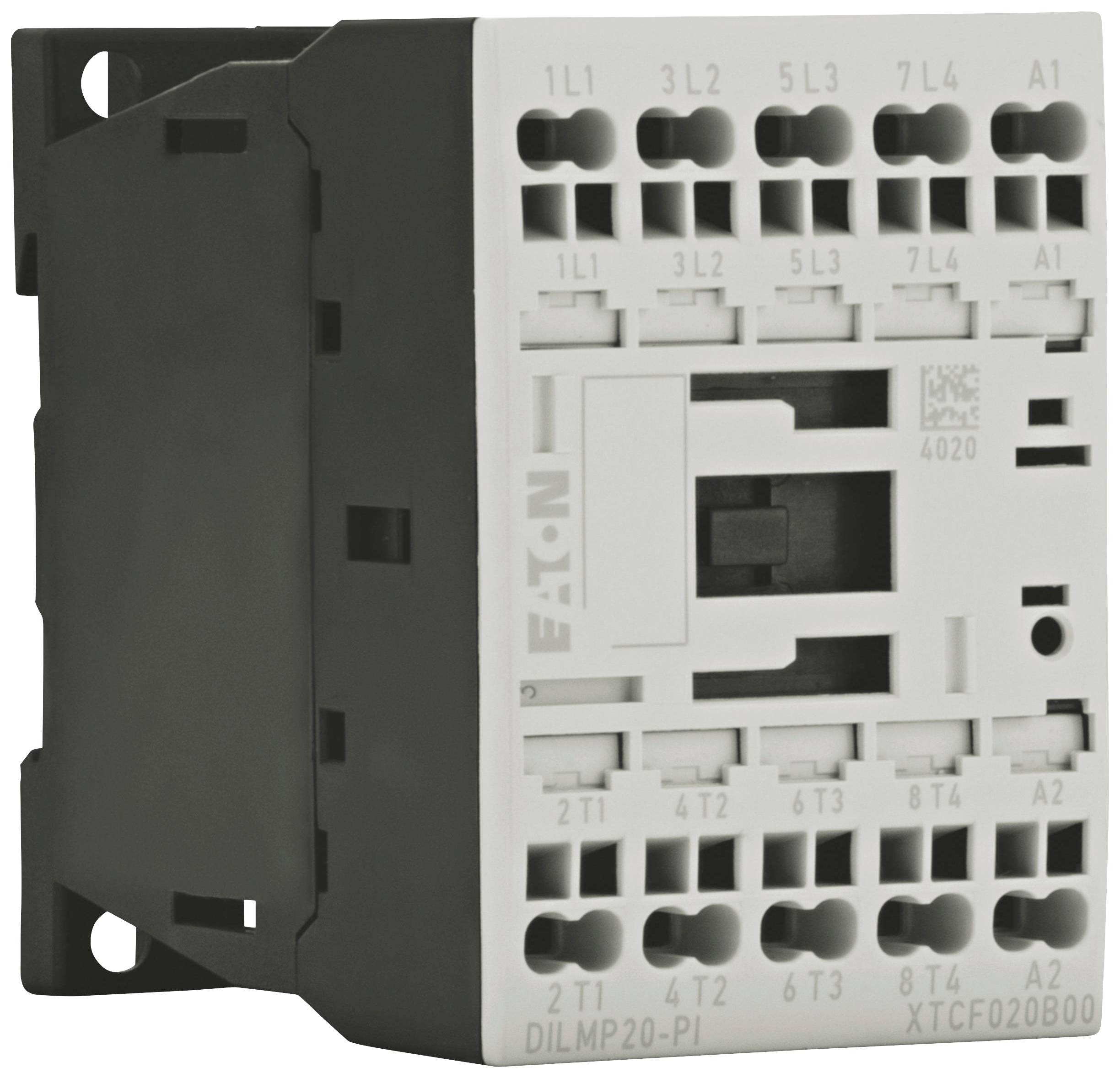 Ein elektrischer Schütz, Modell 'Eaton DILMP20-P1', zeigt zahlreiche Anschlussklemmen für Verdrahtung und Installation.