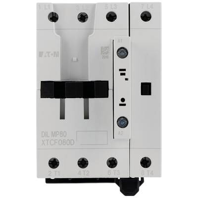 Ein weißer elektrischer Schütz von Eaton, Modell DIL MP80 XT CF080D, mit mehreren Anschlüssen und Schrauben, gezeigt von vorne.