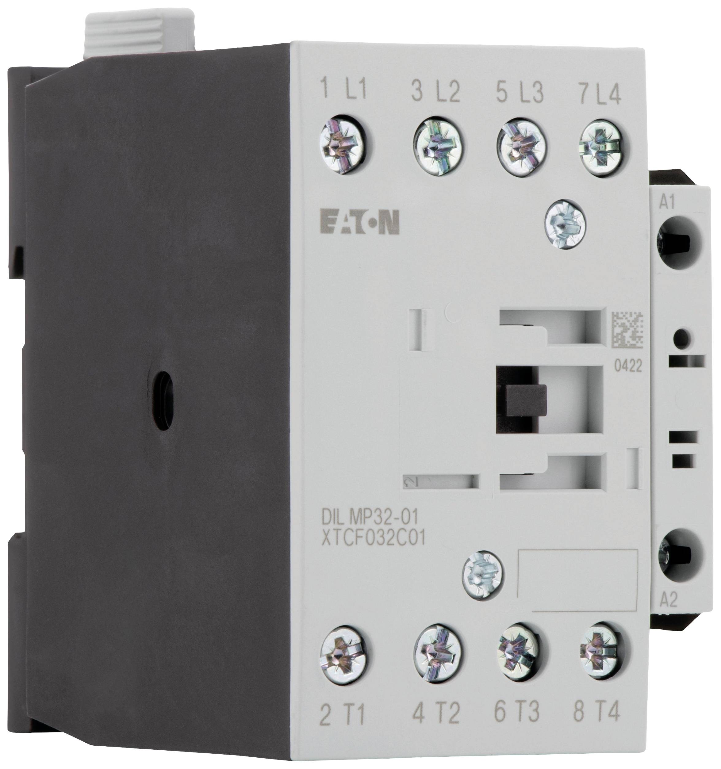 Ein weißer und schwarzer elektrischer Schütz oder Schalter, markiert mit 'Eaton'. Mehrere nummerierte Klemmen zur Verdrahtung.