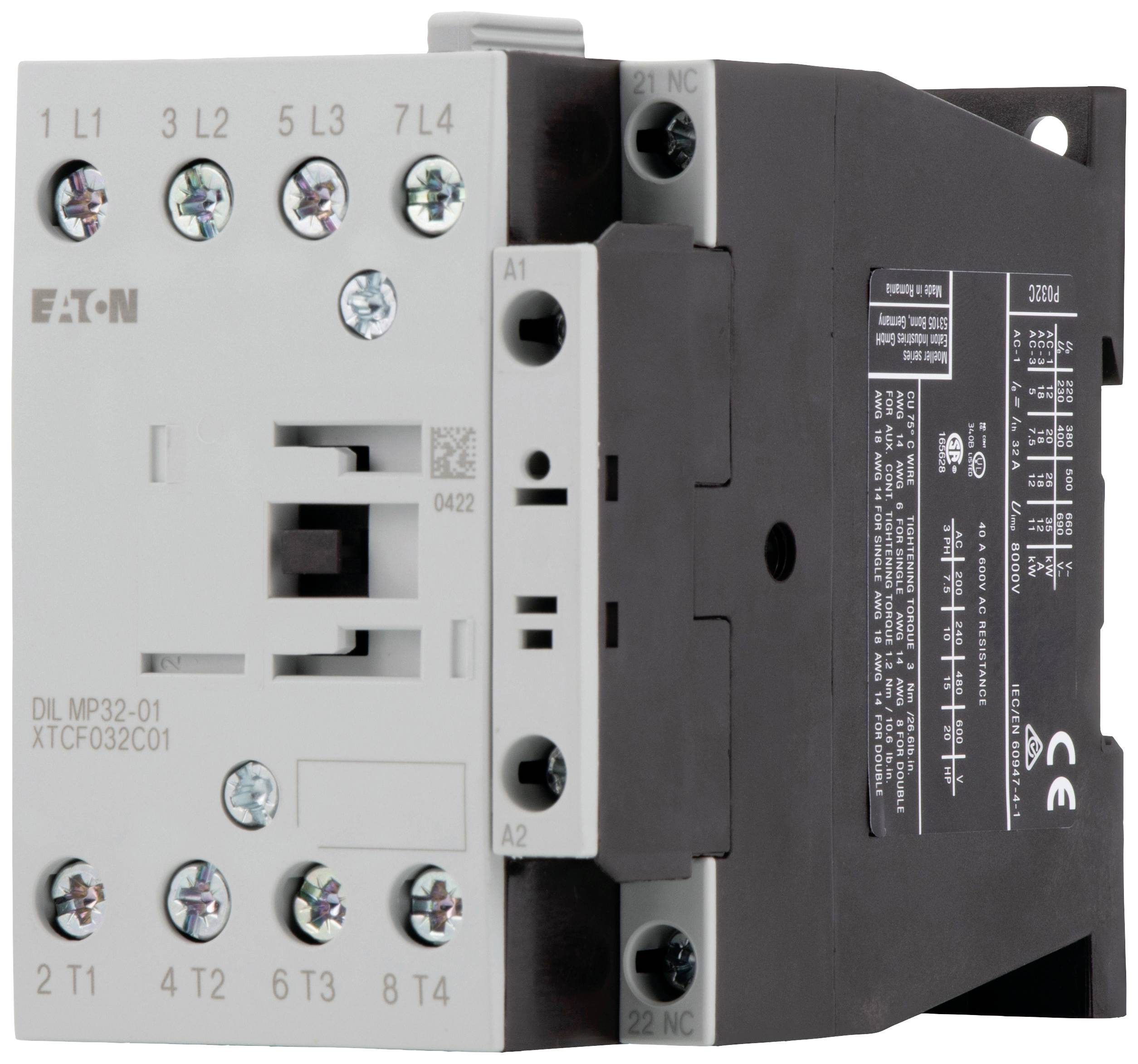 Ein Elektroschütz der Marke Eaton mit Beschriftungen für Anschlüsse und technische Details. Modelnummer: DIL MP32-01.