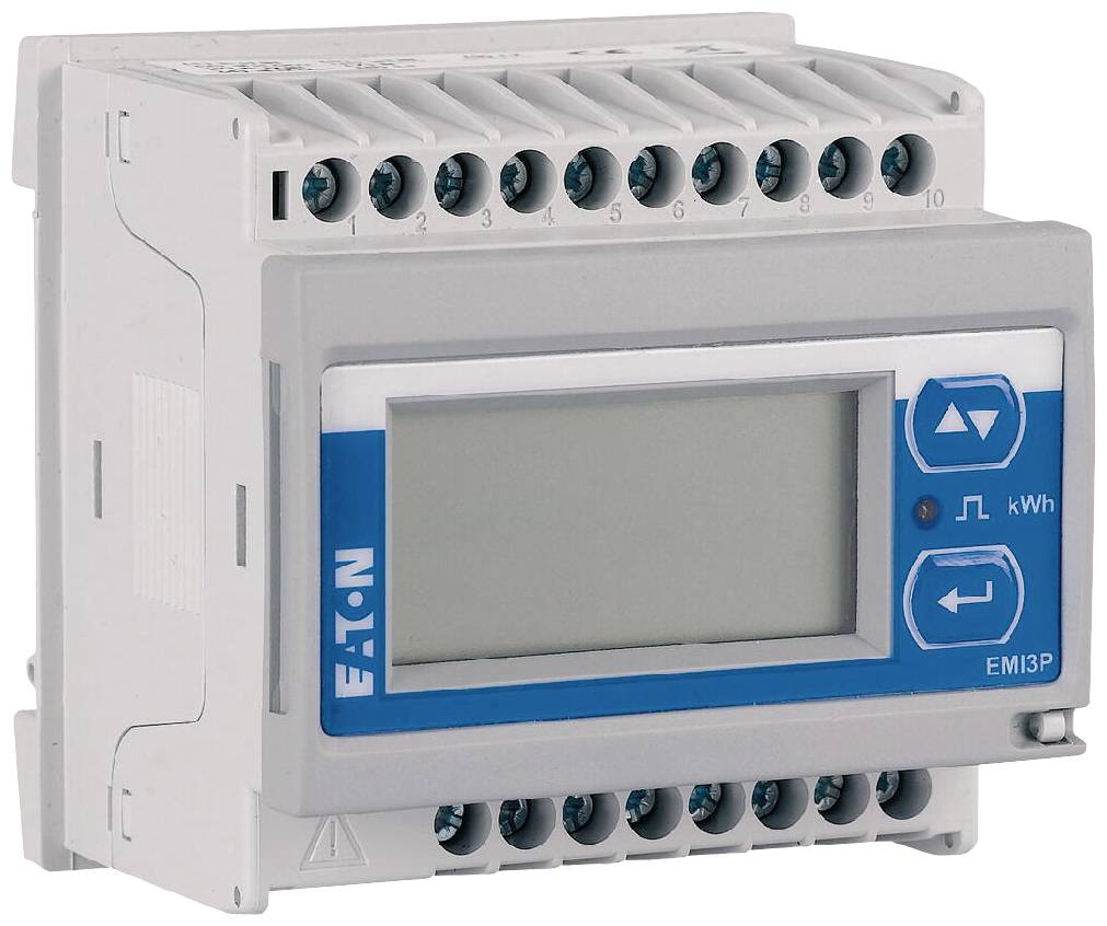 Ein digitaler Energiezähler mit LCD-Display, zehn grünen Anschlussklemmen oben, Steuertasten rechts, zeigt Stromverbrauch in kWh.