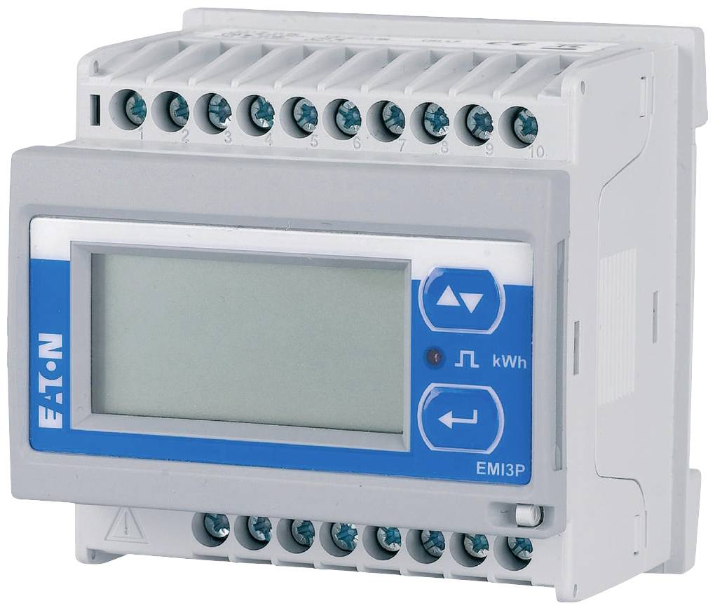 Ein digitaler Energiezähler von EATON mit LCD-Anzeige und mehreren Anschlussklemmen, Modell EM13P, zeigt kWh Verbrauch.