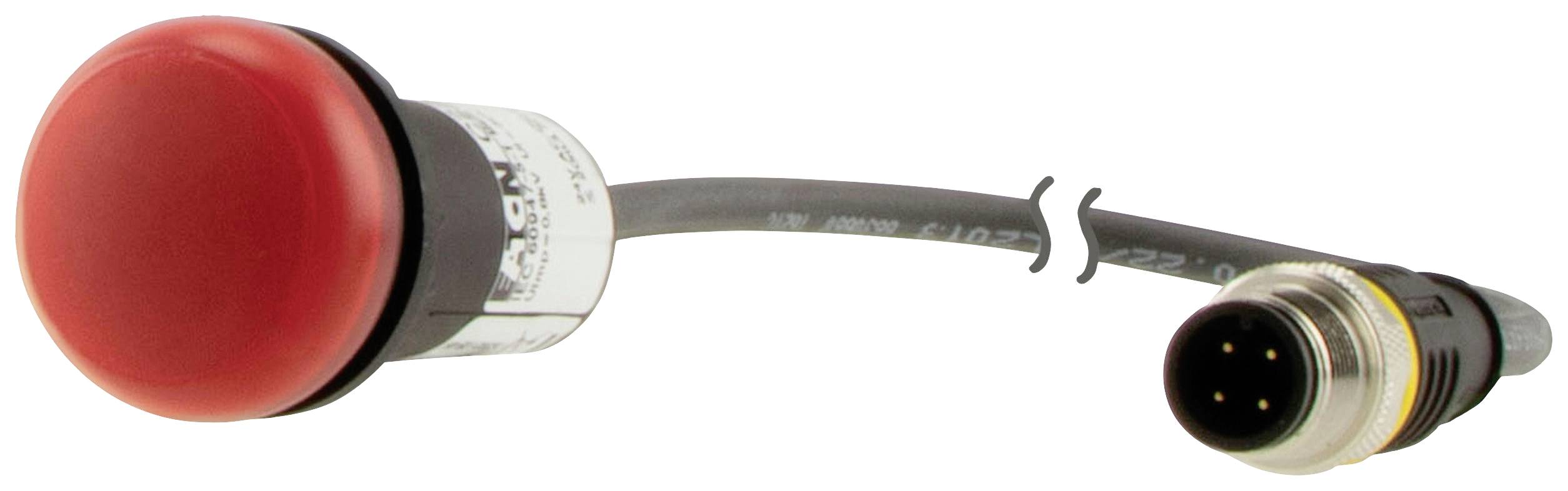 Ein roter Not-Aus-Schalter mit Kabel und vierpoligem Stecker, verwendet zur sicheren Abschaltung von Maschinen oder Anlagen.