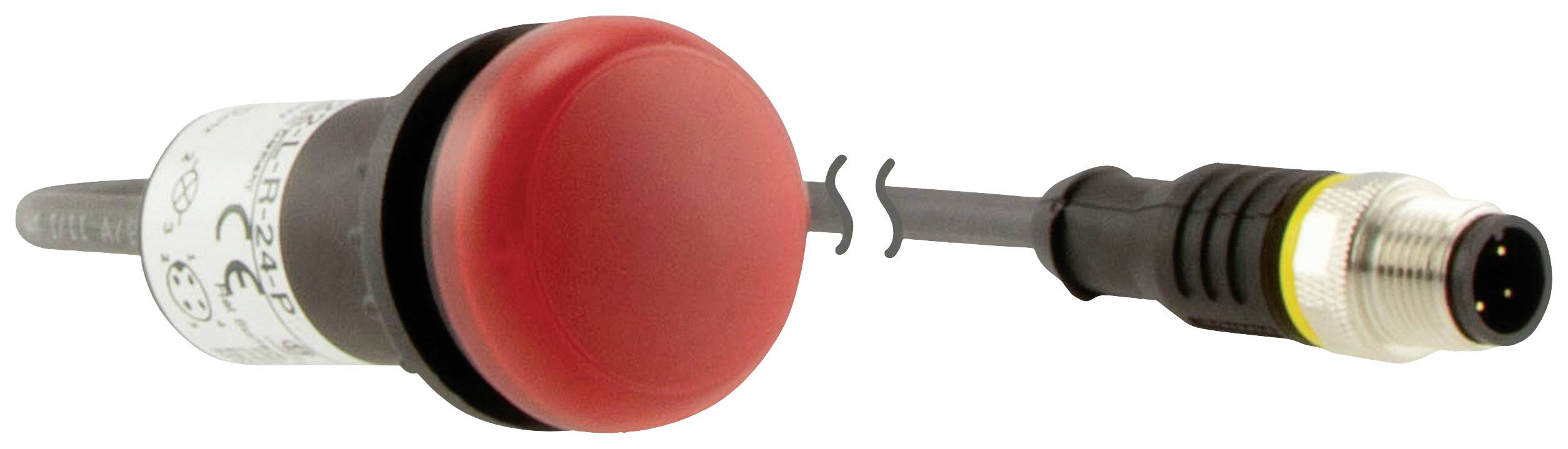 Ein roter Drucktaster mit einem schwarzen Kabel und einem vierpoligen Steckverbinder. Geeignet für industrielle Anwendungen.