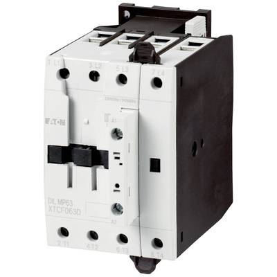 Ein schwarzer und weißer elektrischer Schütz von Eaton, Modell DIL MP63, mit mehreren Anschlüssen für industrielle Anwendungen.