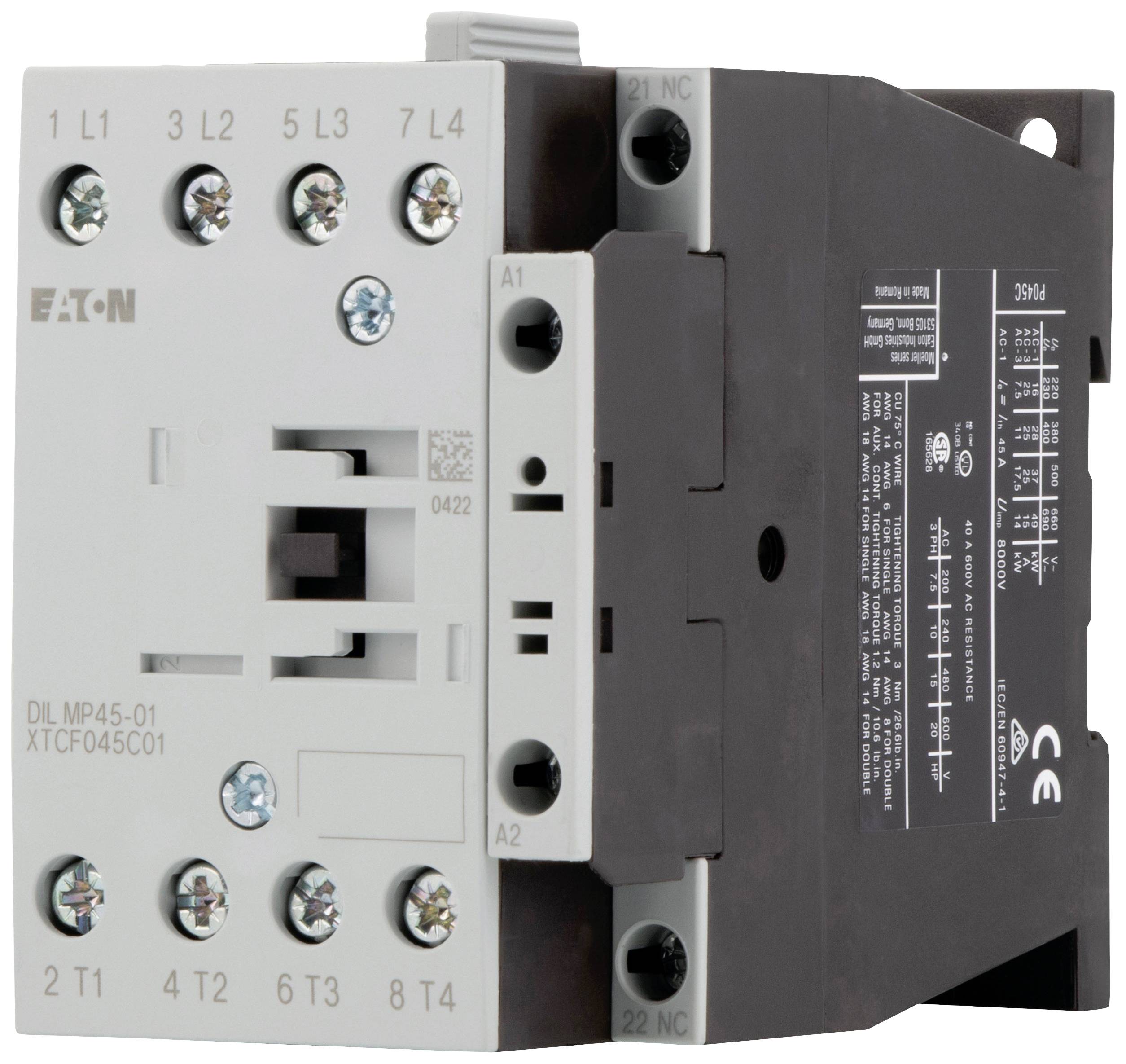 'Elektromagnetischer Schütz der Marke Eaton, Modell DIL MP45-01. Verwendung zur Steuerung von Hochstromgeräten in elektrischen Anlagen.'