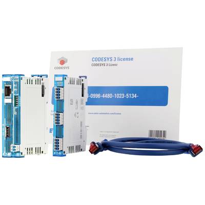 Drei blaue Steuergeräte, Kabel und ein 'CODESYS 3 Lizenz' Zertifikat auf einem weißen Hintergrund.
