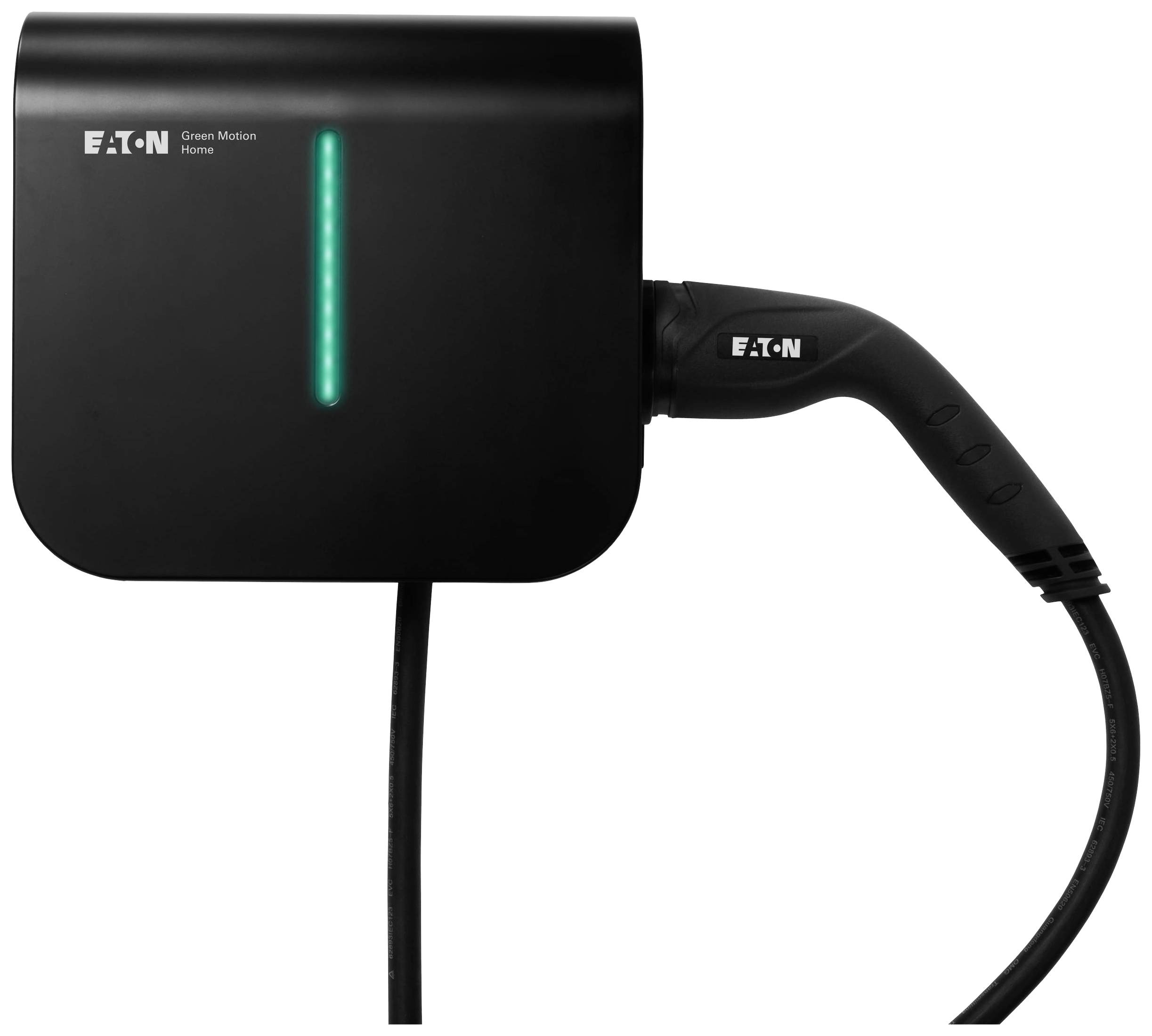 Schwarze Ladestation mit angeschlossenem Kabel, zeigt eine vertikale grüne LED-Anzeige. Markiert mit 'EATON' und 'Green Motion'.