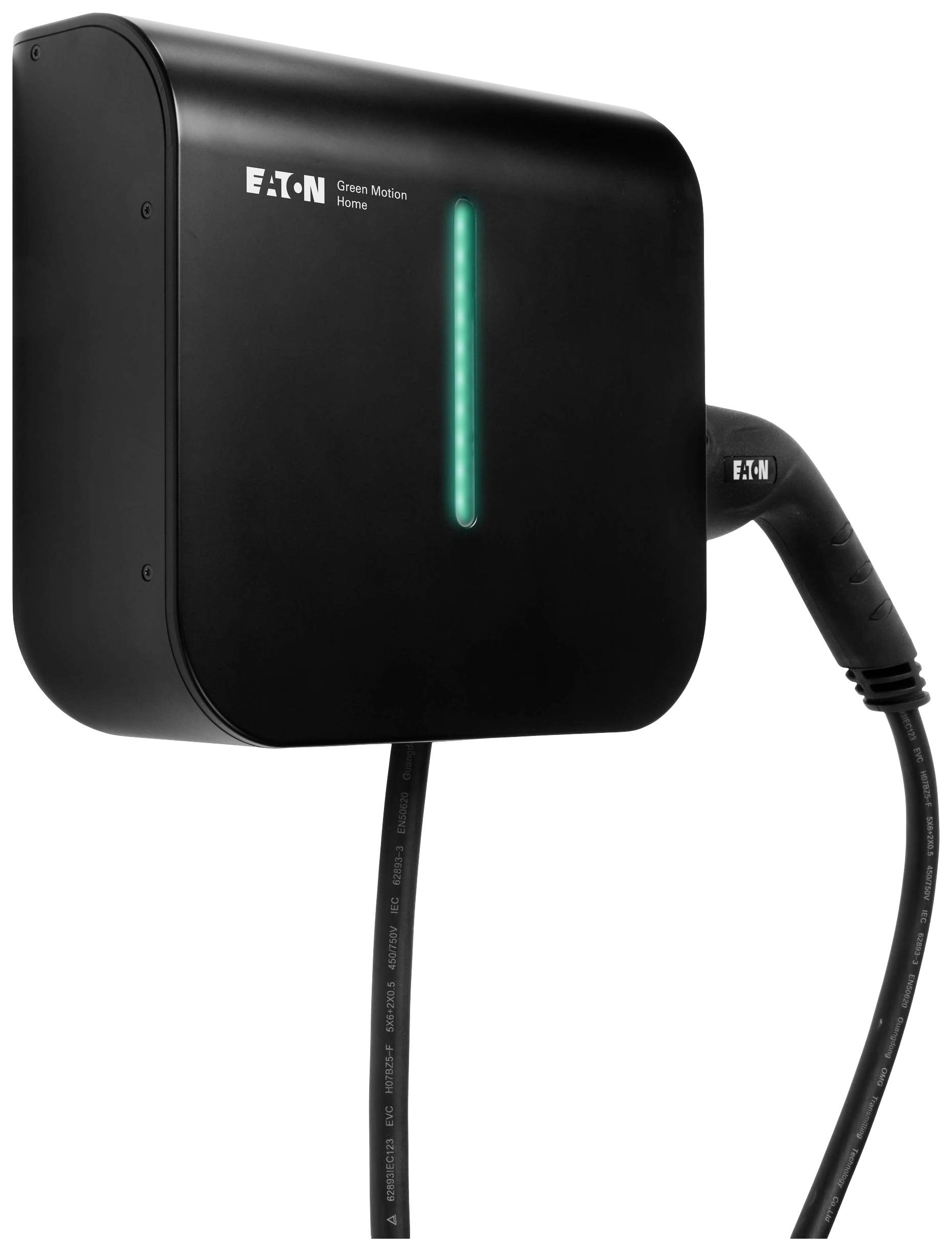 'Schwarze E-Ladestation mit Eaton-Logo, grünes Licht leuchtet vertikal in der Mitte. Ein angeschlossener Ladestecker ist sichtbar.'