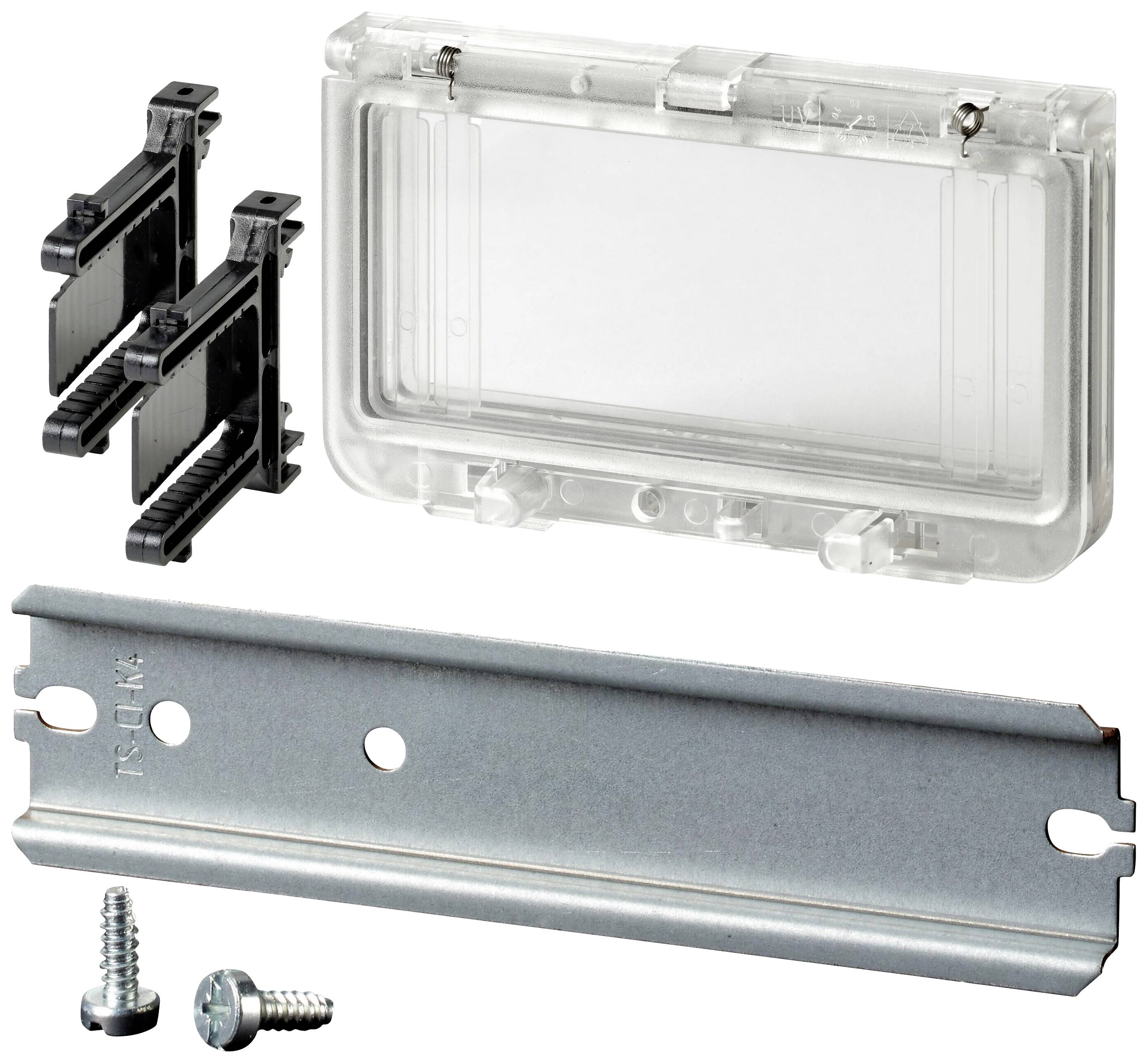 Ein Montageset bestehend aus einer transparenten Kunststoffabdeckung, zwei schwarzen Halterungen, einer Metallschiene und zwei Schrauben.