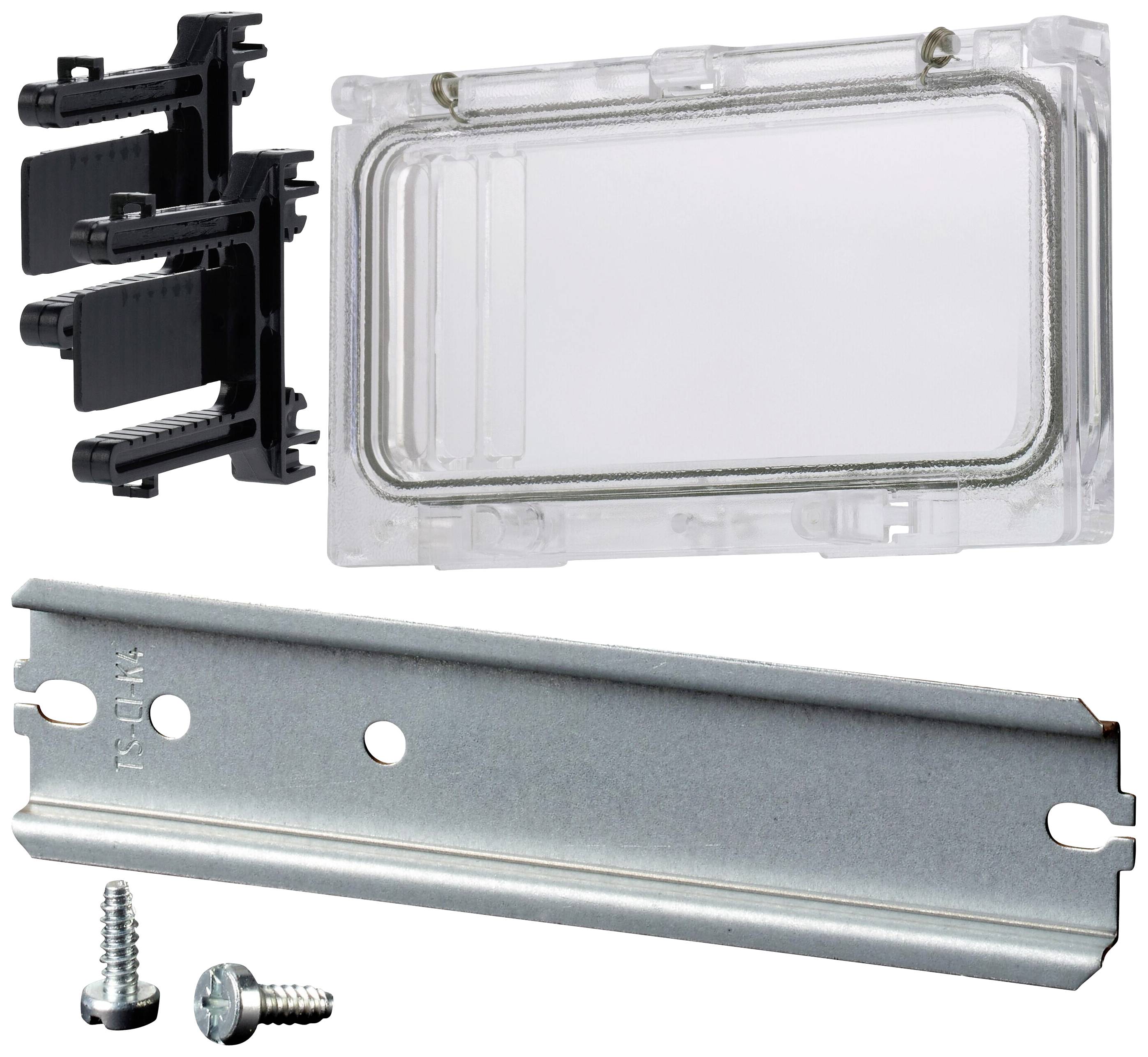 Klarsichtabdeckung und Montagezubehör für elektrische Anschlüsse: transparente Abdeckung, zwei schwarze Halterungen, Metallschiene, Schrauben.