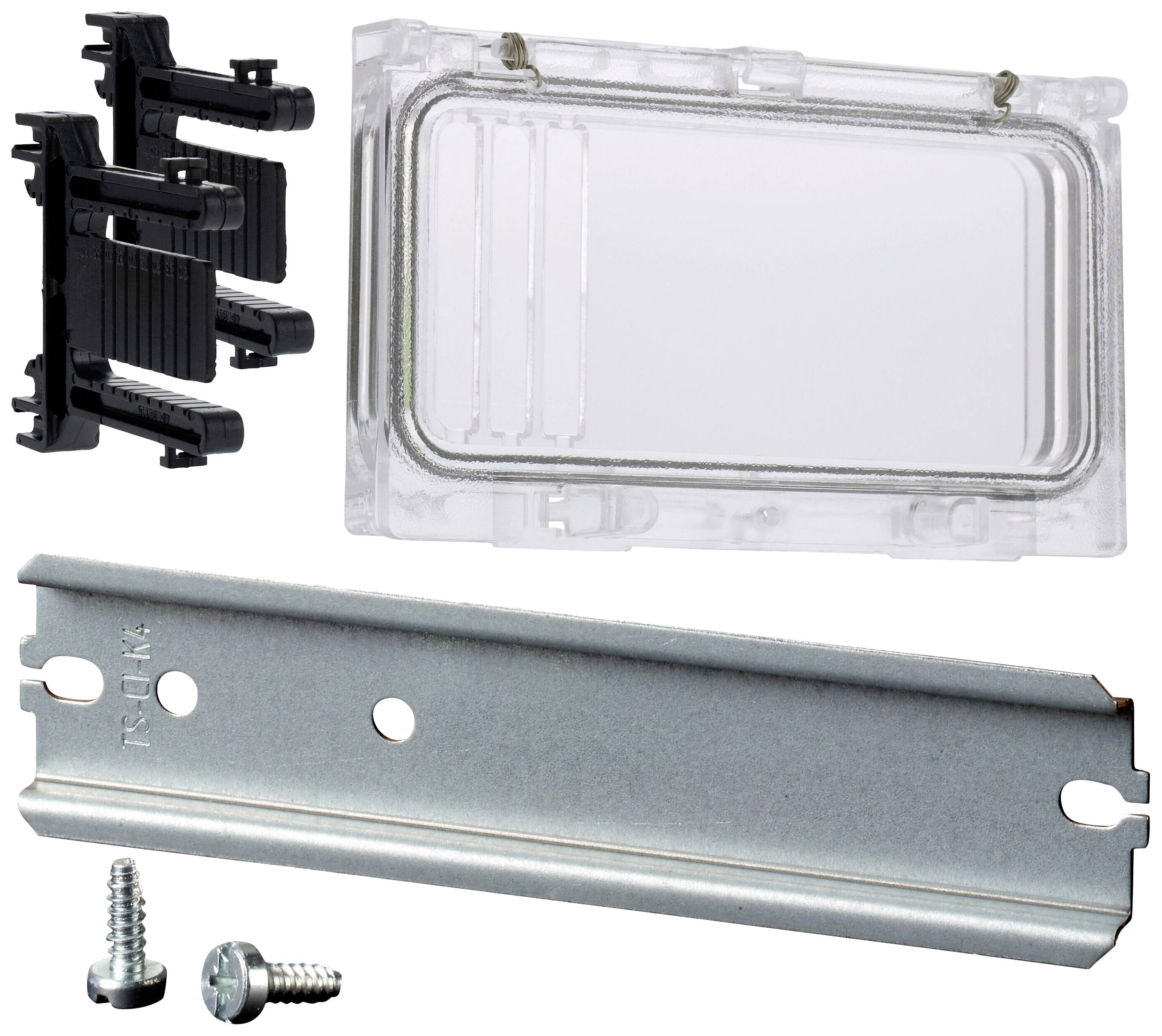 Transparente Abdeckung, schwarze und transparente Halterungen, Metallleiste und zwei Schrauben auf weißem Hintergrund.