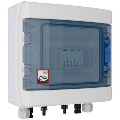 Weiße elektrische Box mit blauem transparentem Deckel. Rotes Symbol 'PV' zeigt Fotovoltaikanlage an. Kabelanschlüsse unten.