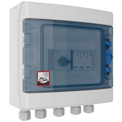 Ein elektrischer Sicherungskasten mit einer blauen Abdeckung. Links unten befindet sich ein Symbol für Fotovoltaik mit Sonnenstrahlen.