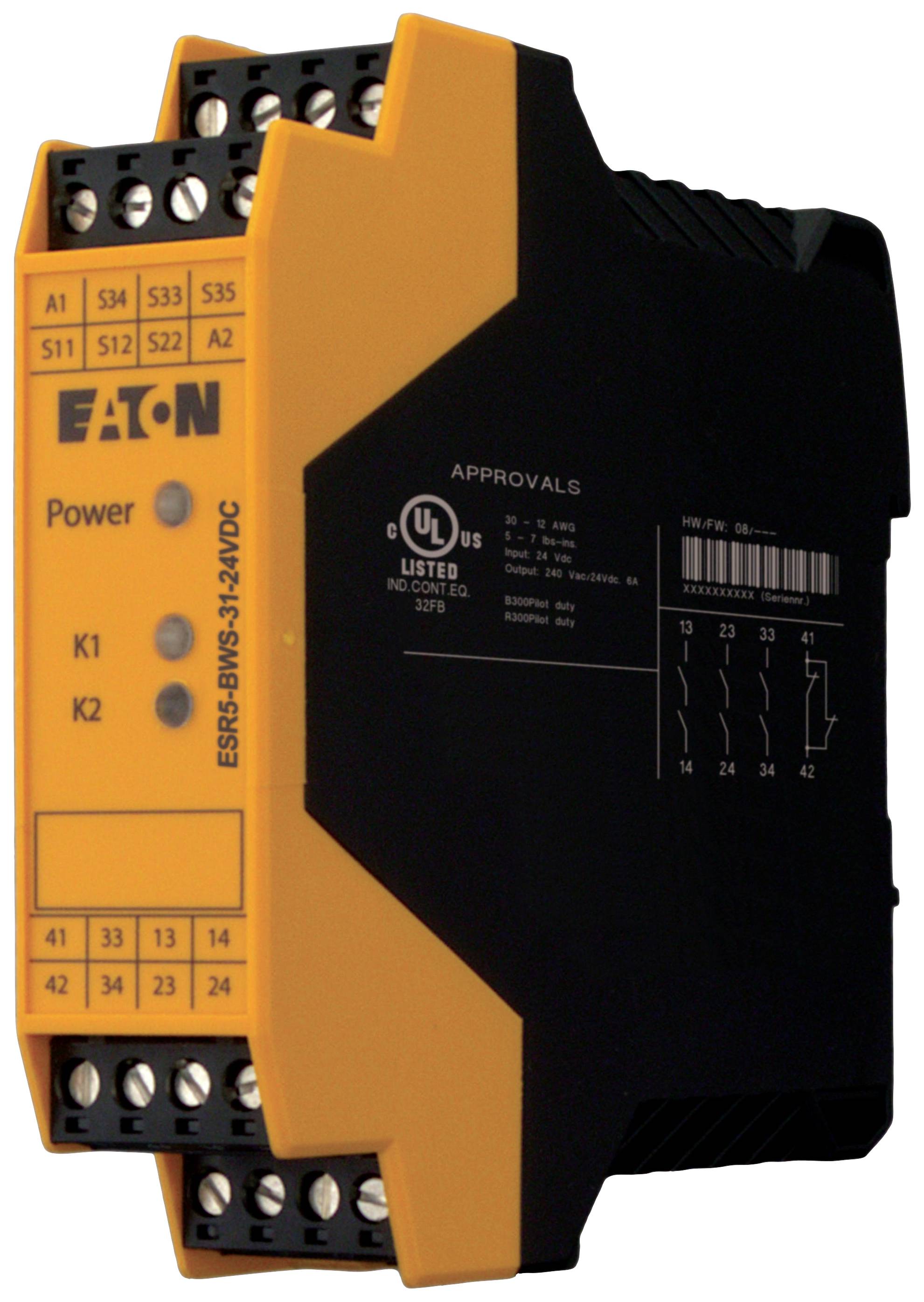Ein elektronisches Bauteil von Eaton mit mehreren Steckverbindern und einem UL-Sicherheitszertifikat auf der Oberseite.