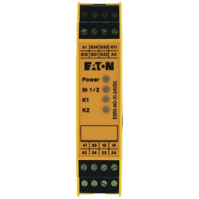 Gelbes Sicherheitsrelais von Eaton mit Anschlussklemmen, LEDs für 'Power', 'IN 1/2', 'K1', 'K2', und der Beschriftung 'ESR5-NO-31-24VAC/DC'.