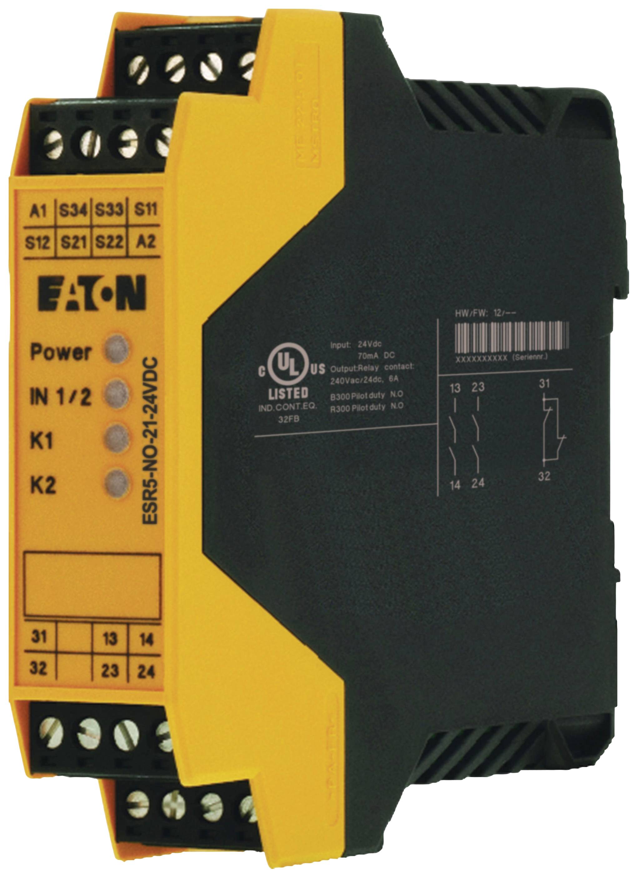 Ein schwarzes und gelbes elektrisches Sicherheitsrelais von Eaton, Modell ESR5-NO-21-24VAC-DC, mit mehreren Anschlussklemmen oben und unten.