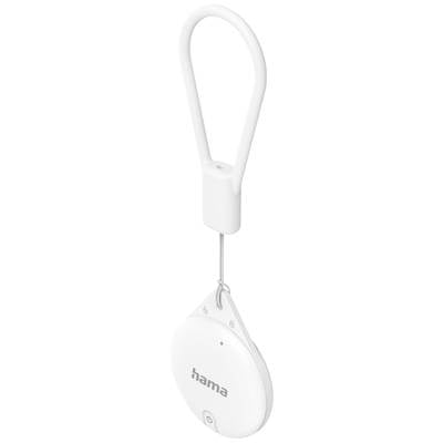 Ein kleiner, runder, weißer Bluetooth-Tracker von Hama mit einem Anhänger aus Metall und Kunststoff, zur Positionsbestimmung von Gegenständen.