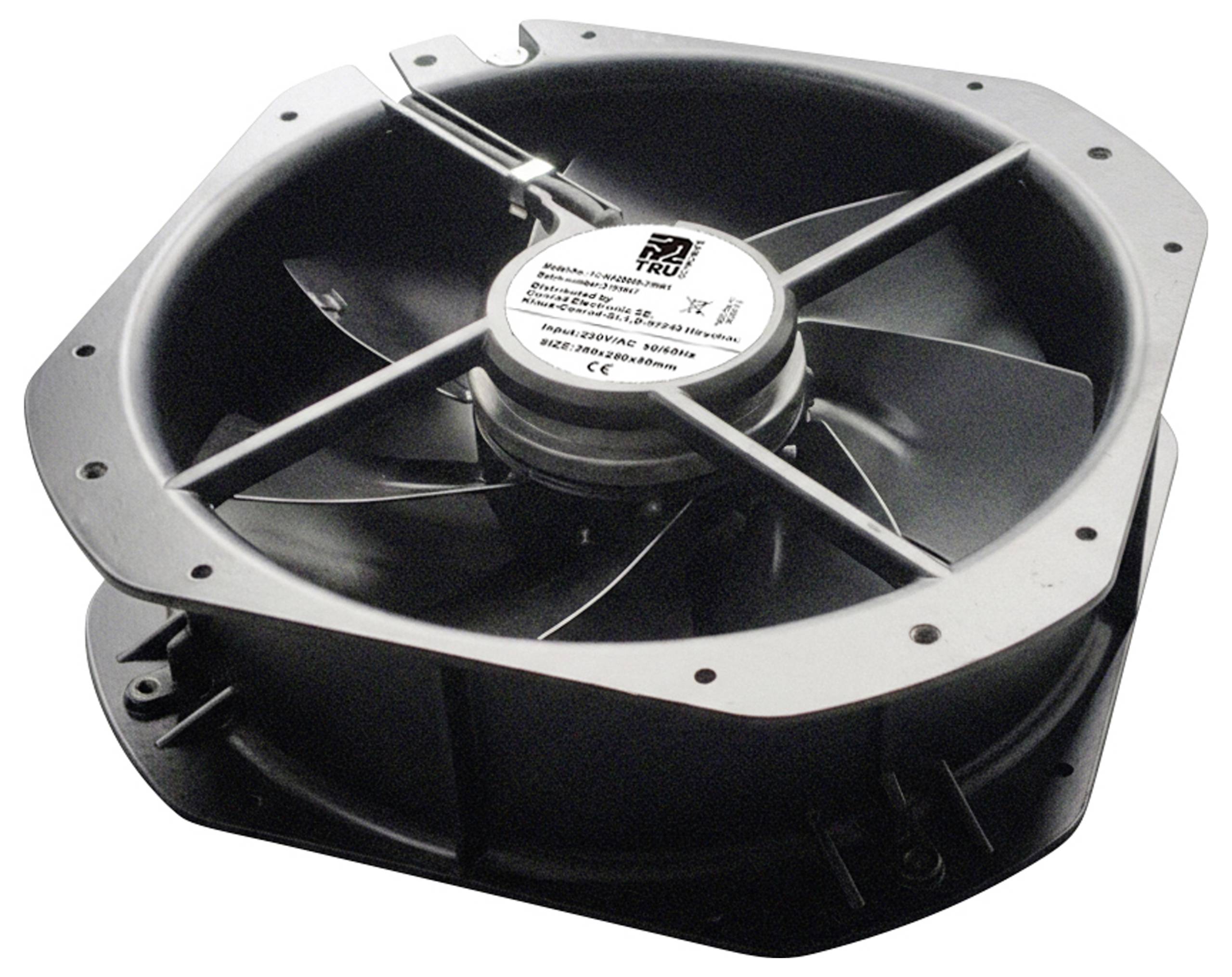 Ein großer Metallkühlventilator mit mehreren Blättern und einem zentralen Etikett, das in Industrie- oder Computersystemen zur Wärmeableitung verwendet wird.