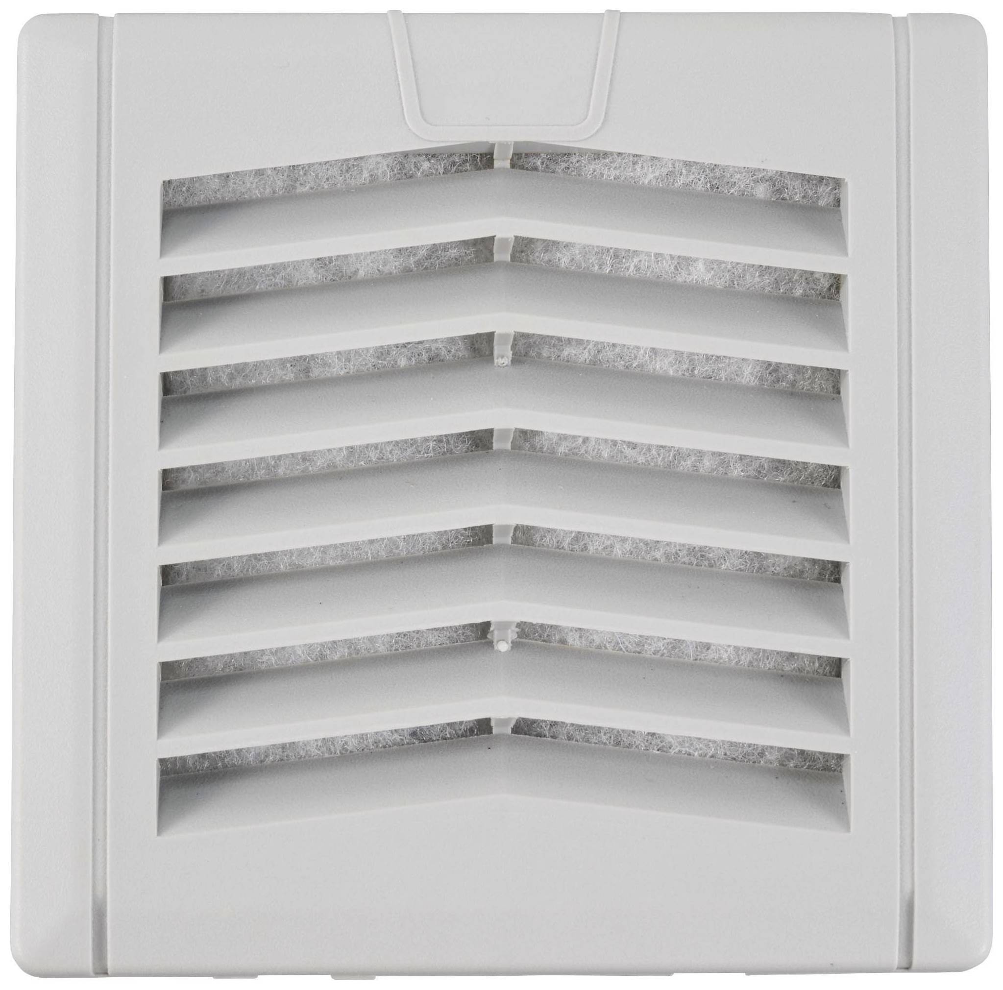 Quadratischer, weißer Belüftungsschlitz. Sechs horizontale Lamellen. Ventilationssystem für Luftzirkulation.