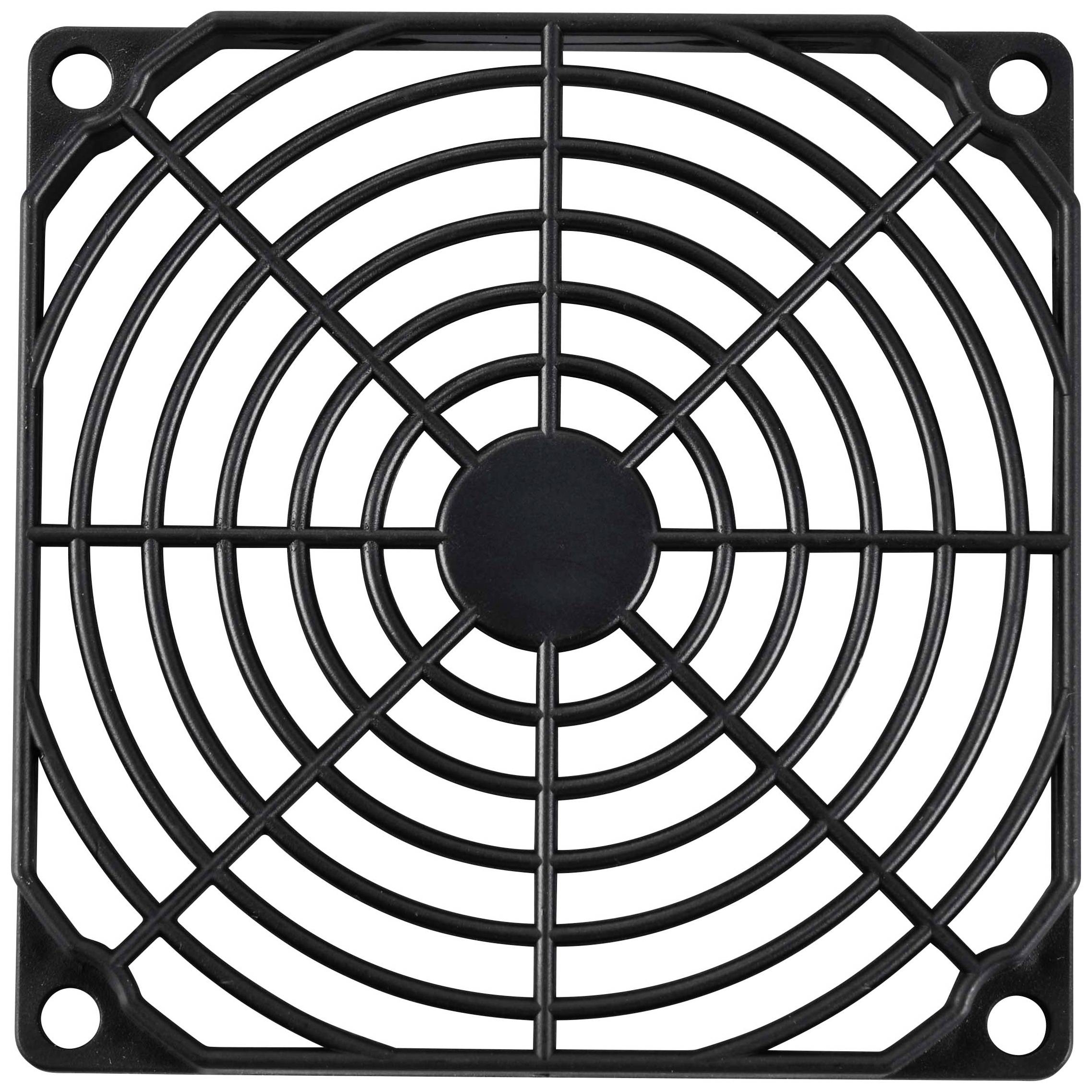 Quadratisches, schwarzes Lüftergitter mit kreisförmigem, konzentrischem Design in der Mitte. Verwendet zum Schutz und zur Kühlung.