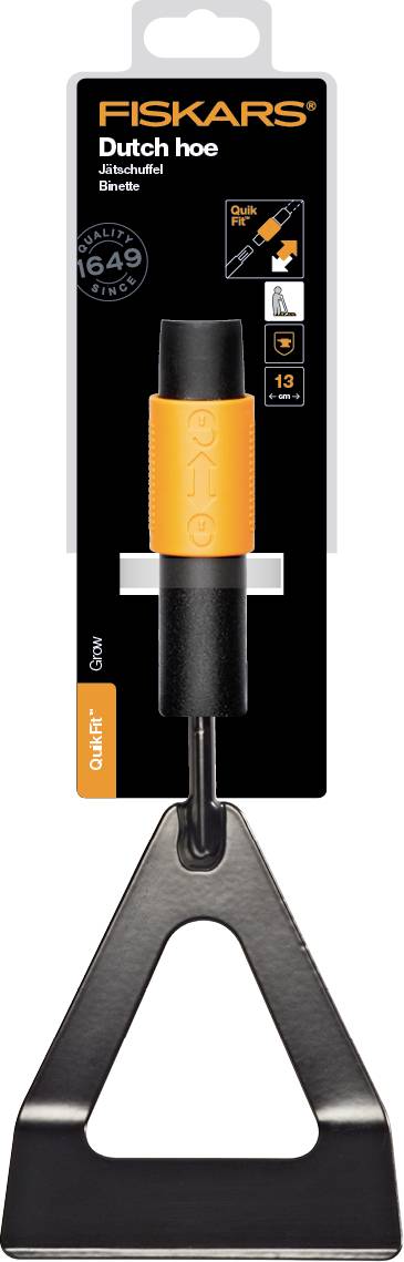 Fiskars-Fugenkratzer mit orangefarbenem Griff und dreieckiger Metallklinge, verpackt in einer schwarzen Halterung mit Produktinformationen.