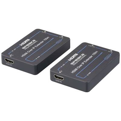 Zwei HDMI-over-IP-Extender von Speaka, Modell: HDMI-zu-Ethernet-Konverter, markieren 'HDMI IN' und 'HDMI OUT' zur Videoübertragung.