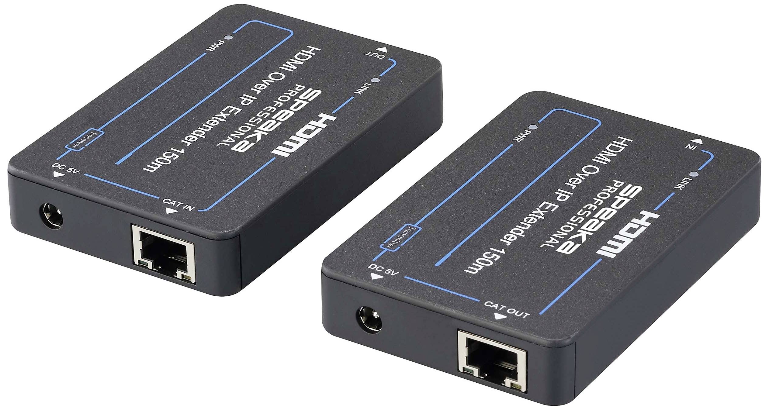 Zwei schwarze HDMI-über-Ethernet-Extender mit Netzwerk-Ports, die den HDMI-Signaltransport über längere Strecken ermöglichen.